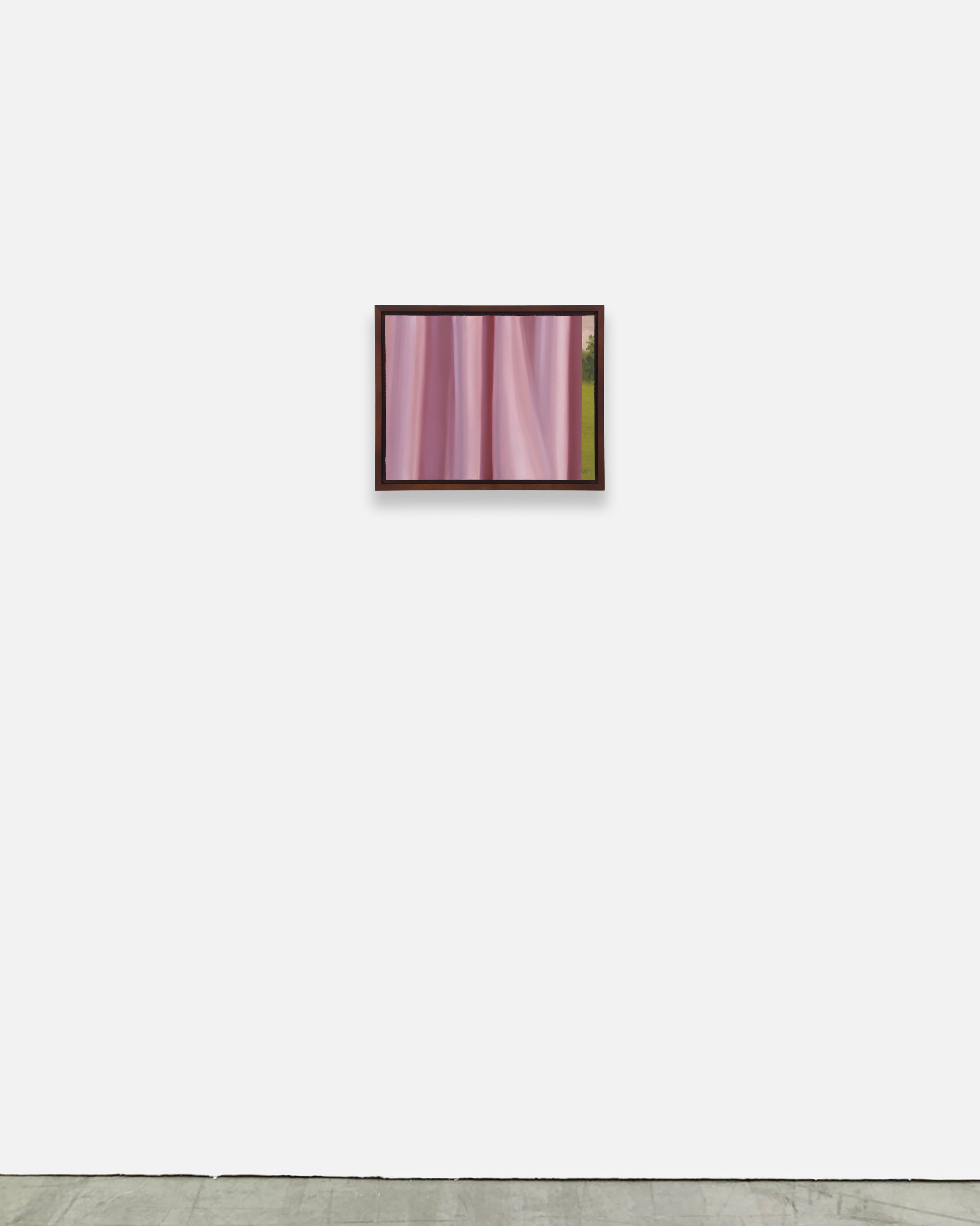 A painting of a pink curtain with a green field in the background.