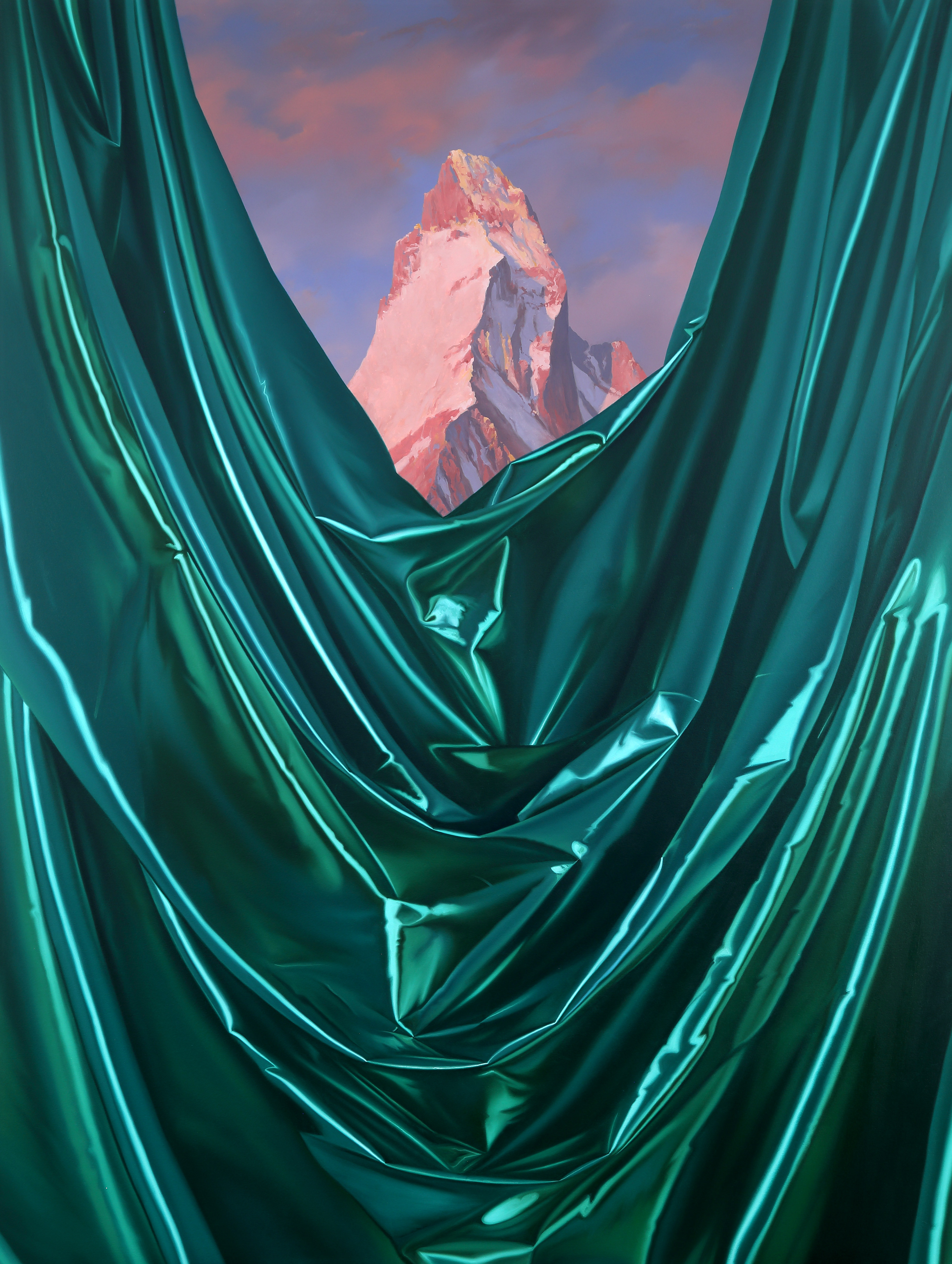 A painting of a mountain with a green curtain in front of it.