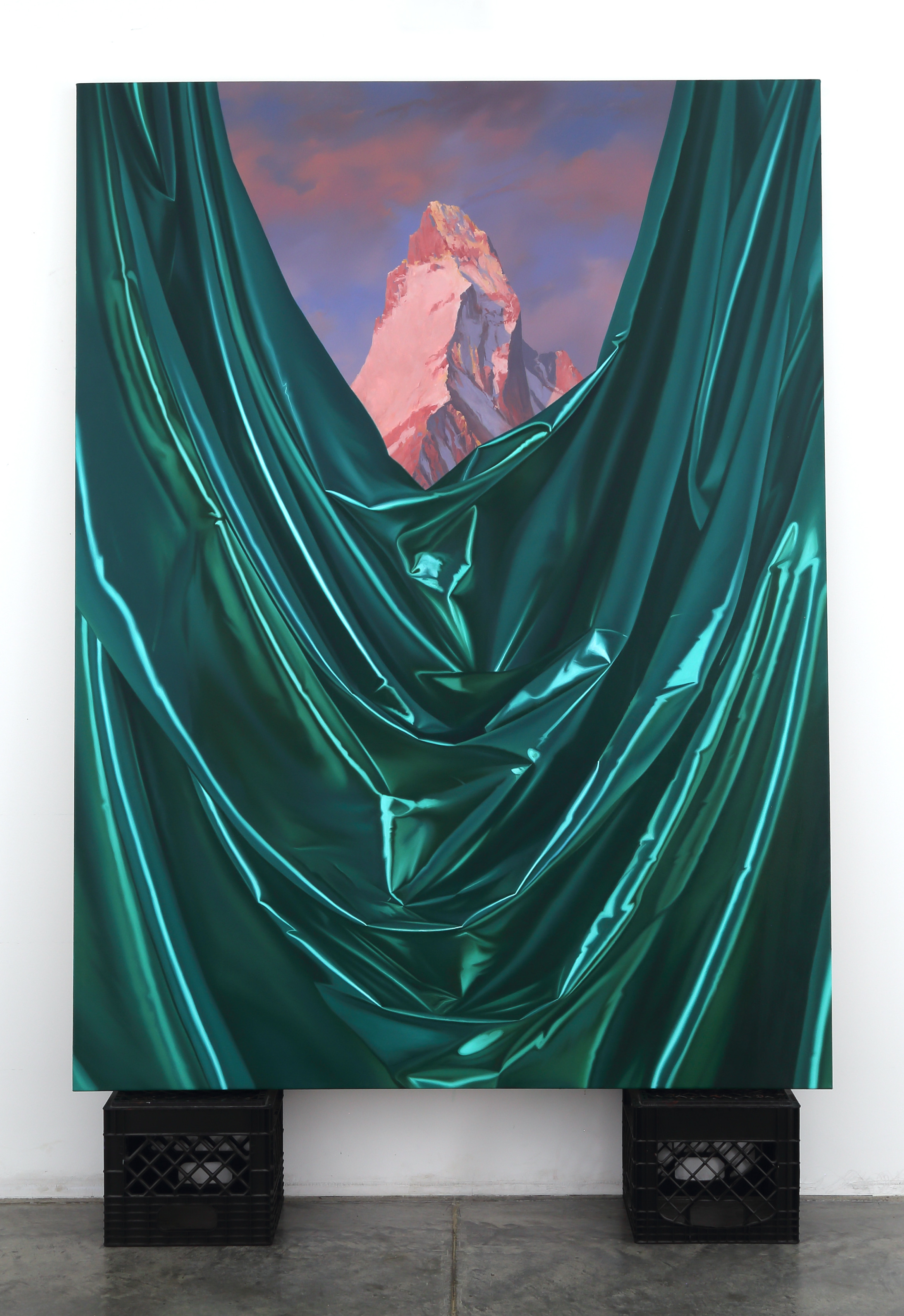A painting of a mountain with a green curtain in front of it.