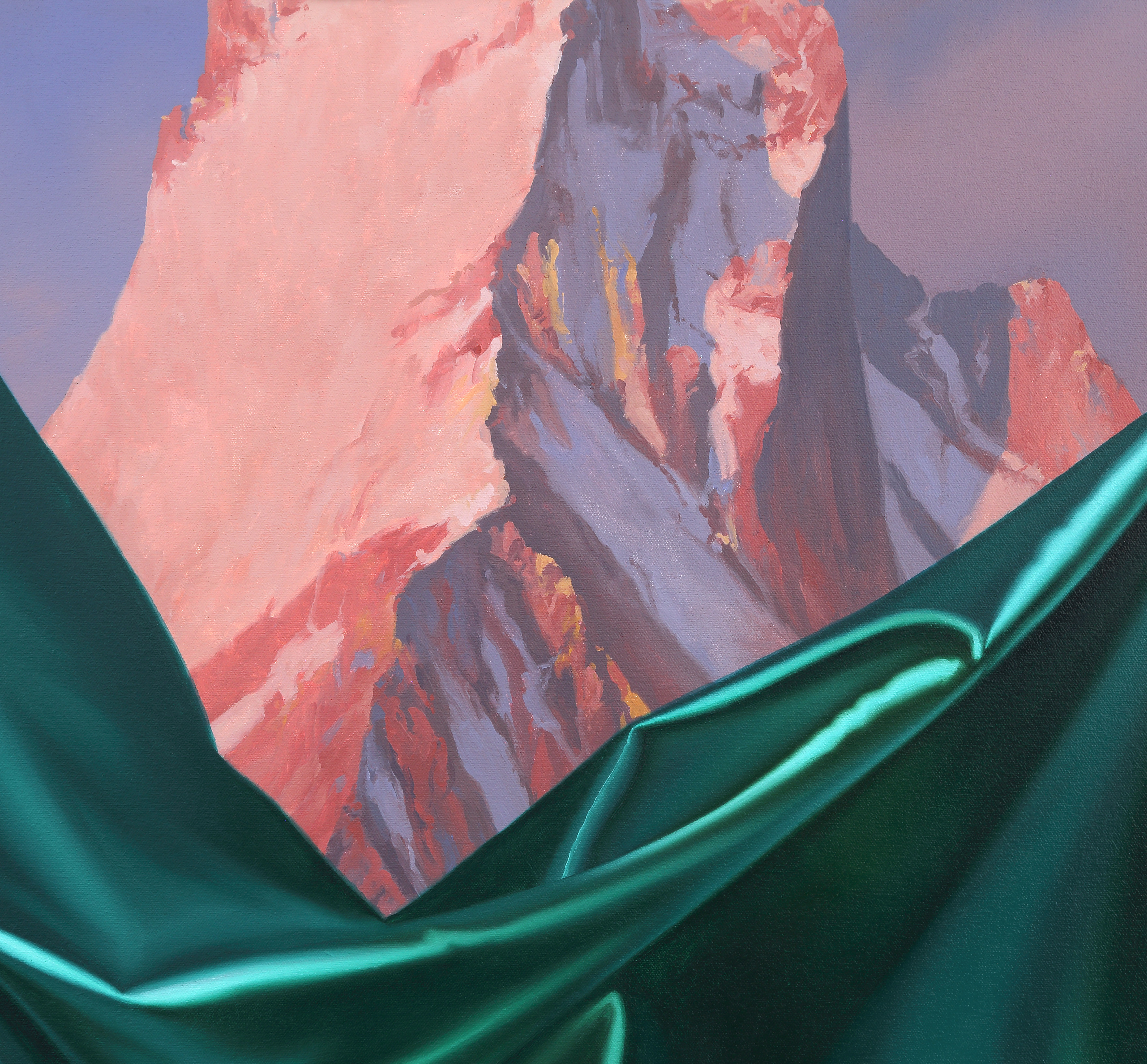 A painting of a mountain with a green curtain in front of it.