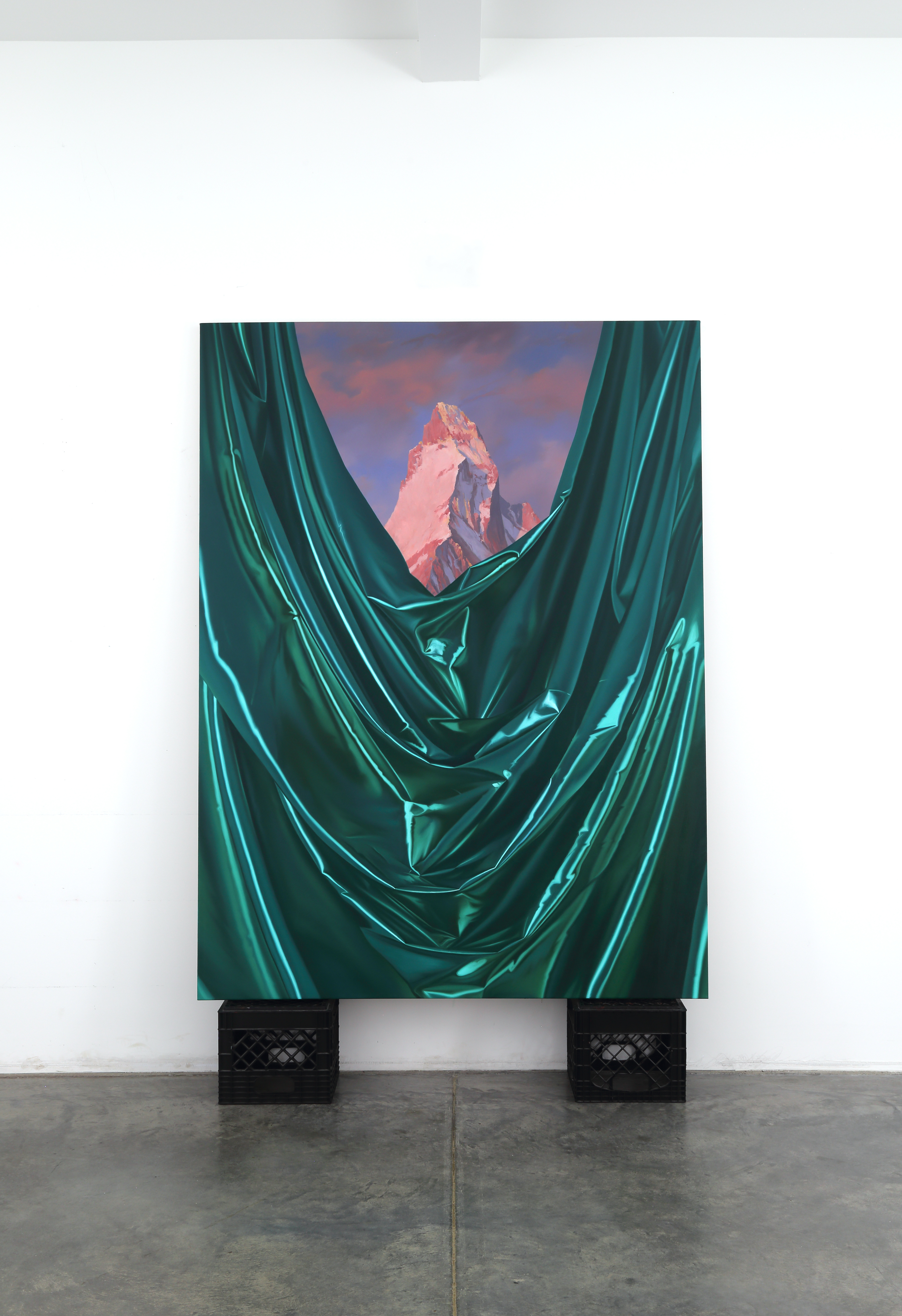 A painting of a mountain with a green curtain in front of it.