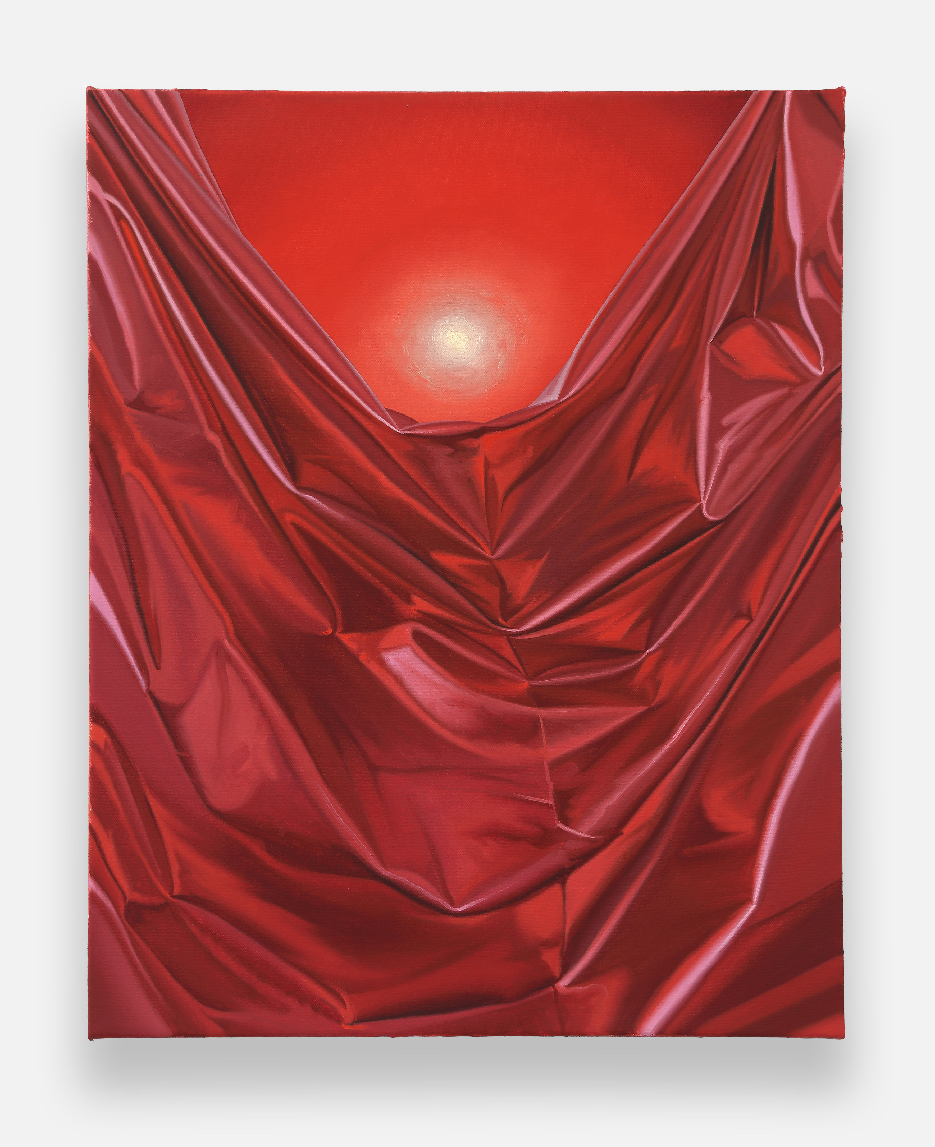 A painting of a red cloth with a sun in the background.