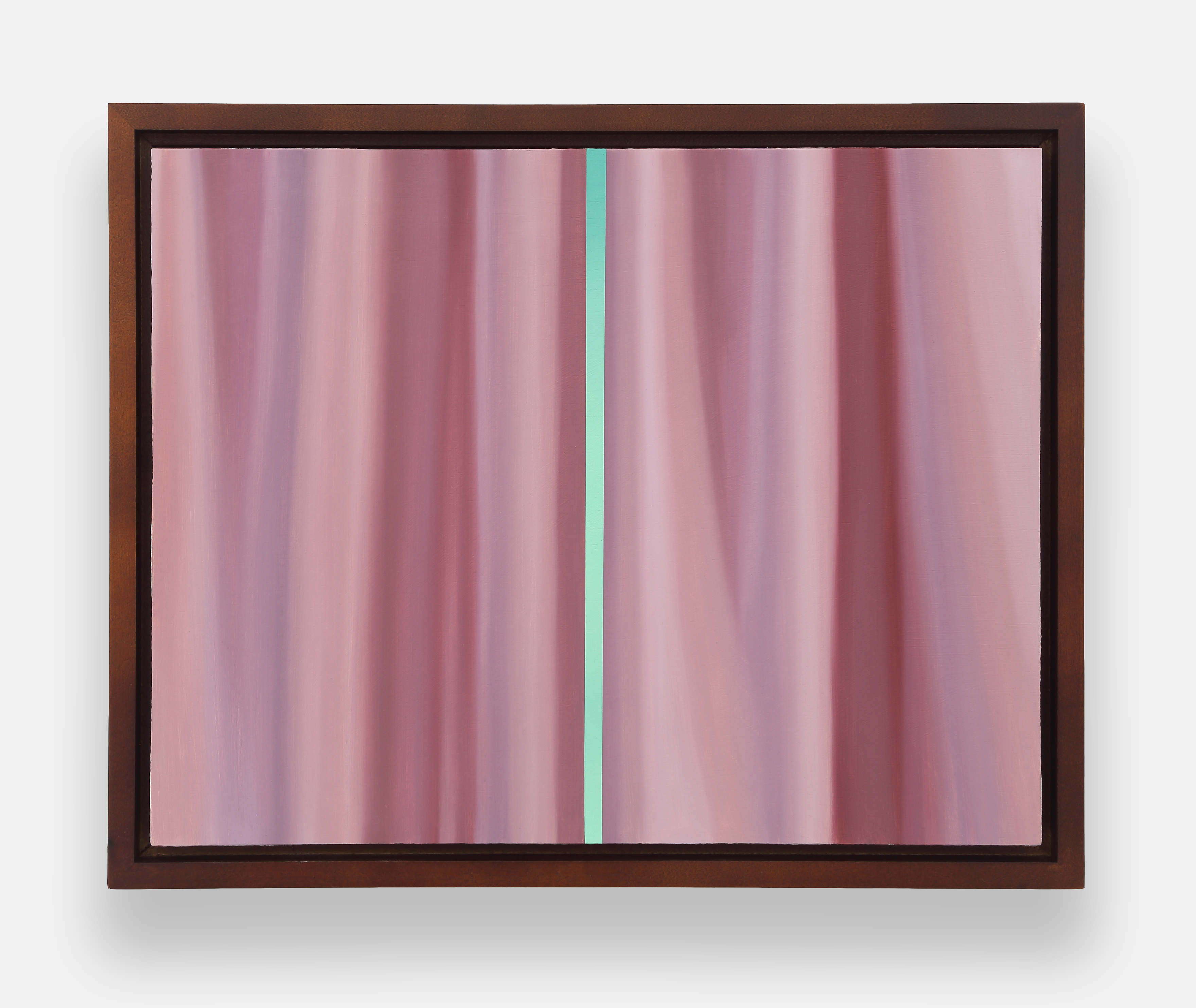 A picture of a pink curtain with a green stripe on it.
