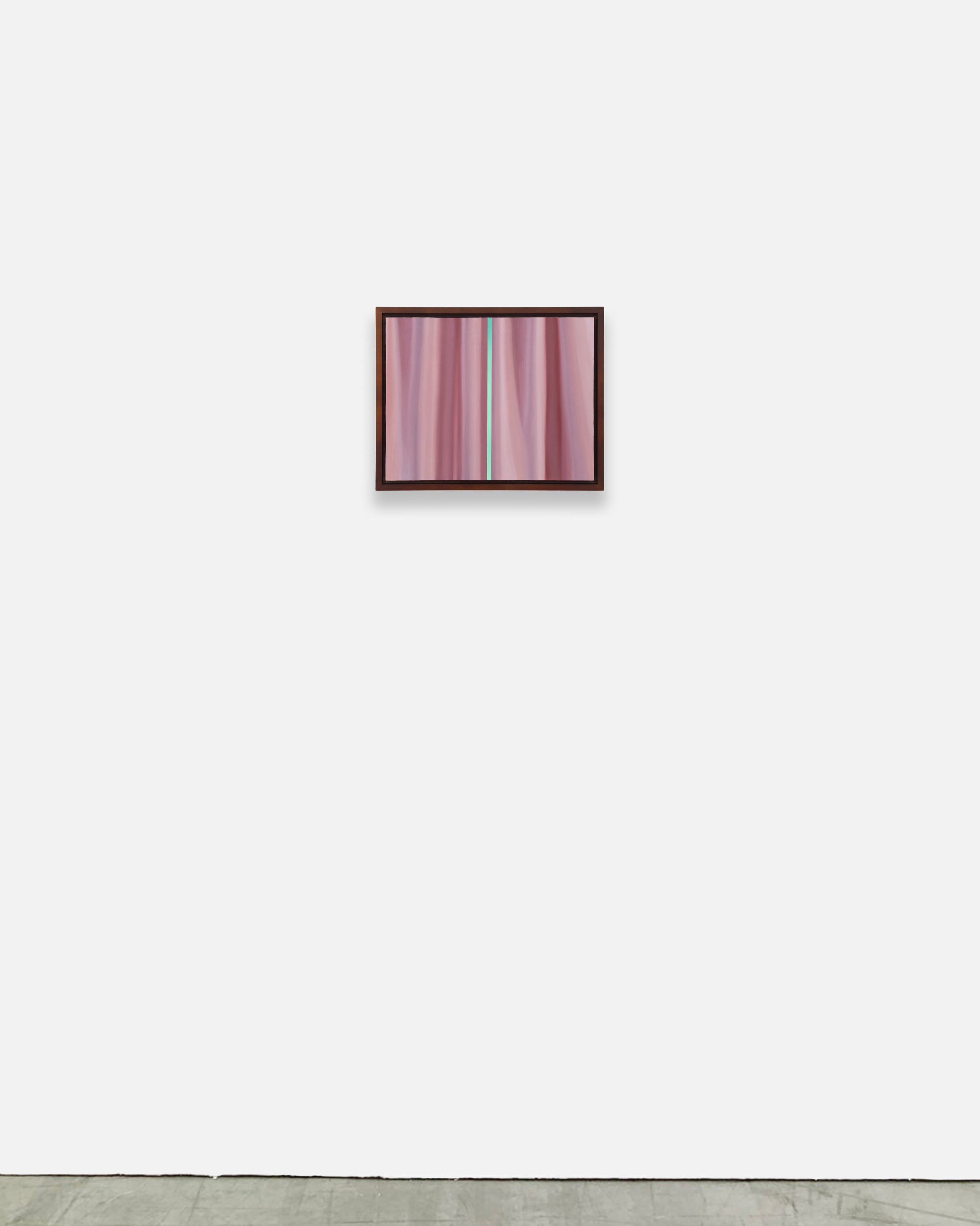 A picture of a pink curtain with a green stripe on it.
