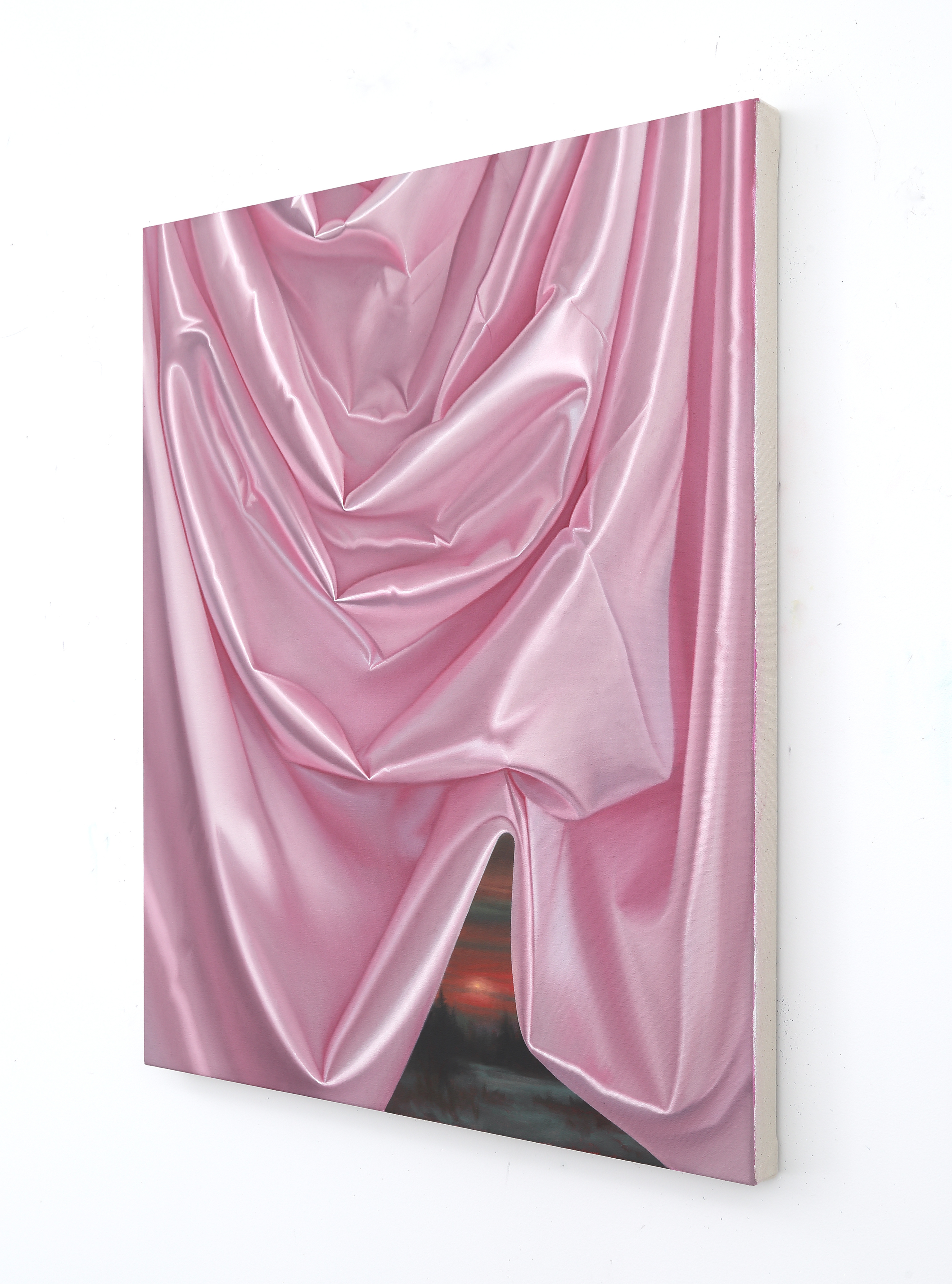 A painting of a pink curtain with a sunset in the background.