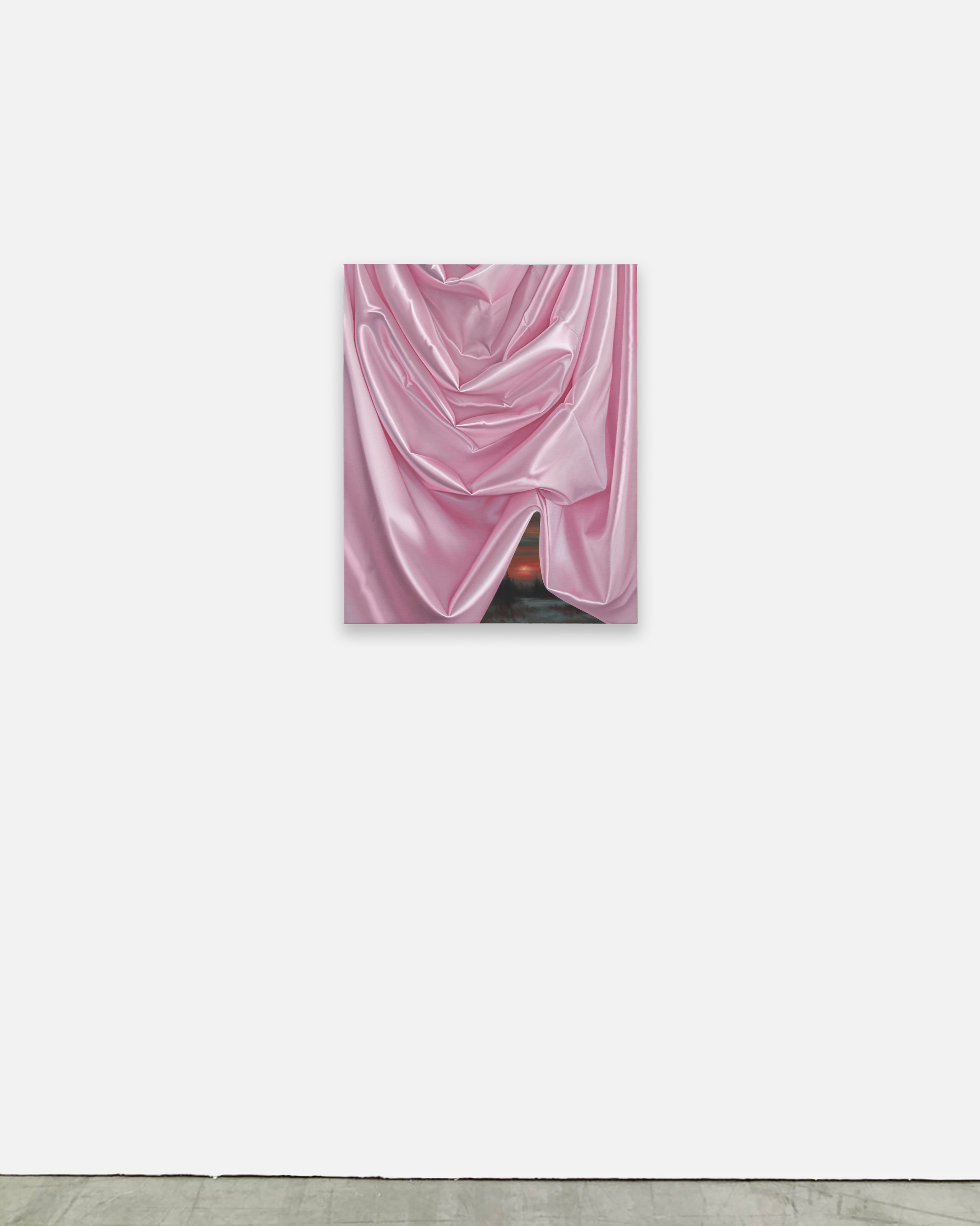 A painting of a pink curtain with a sunset in the background.