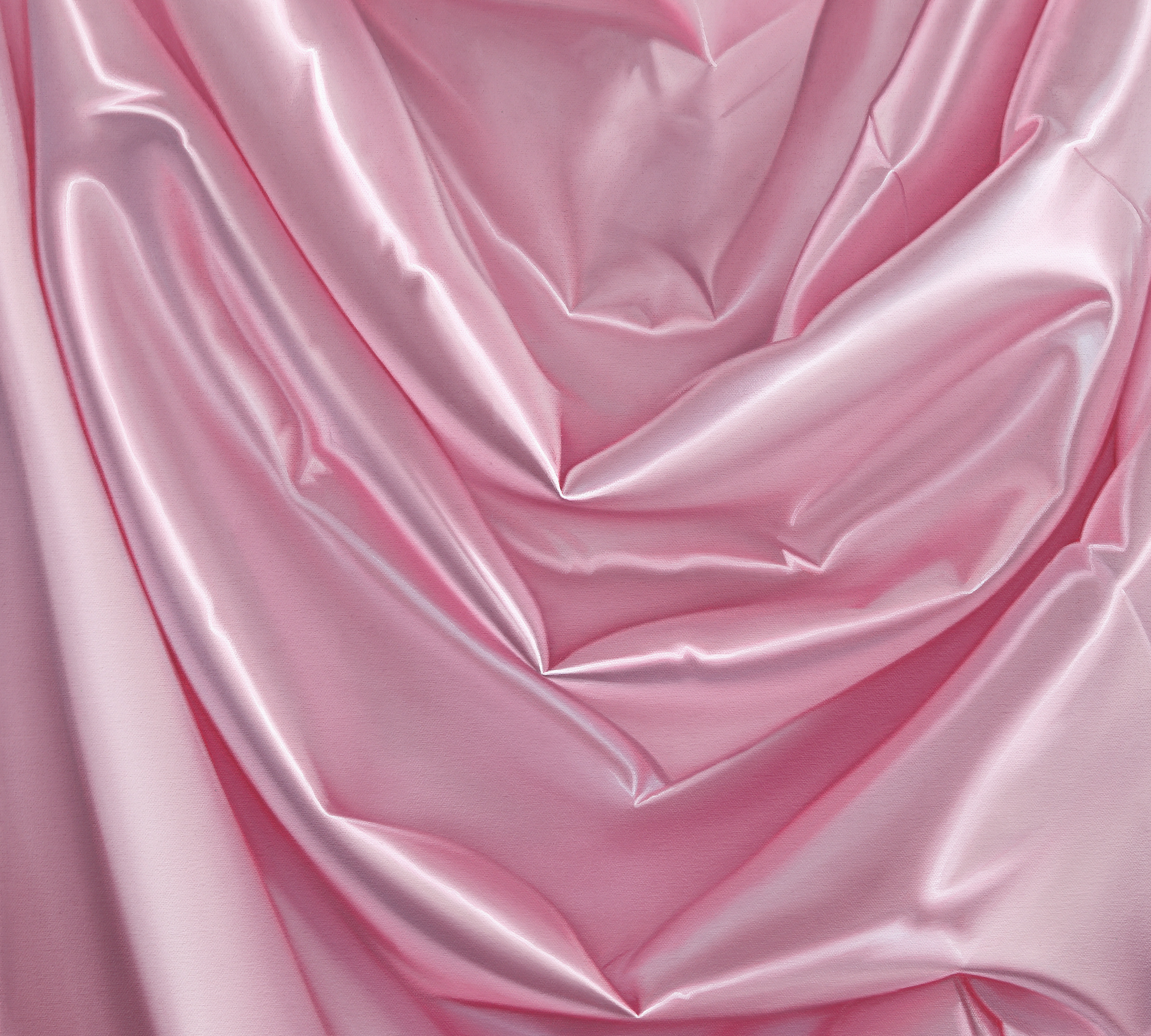 A painting of a pink curtain with a sunset in the background.