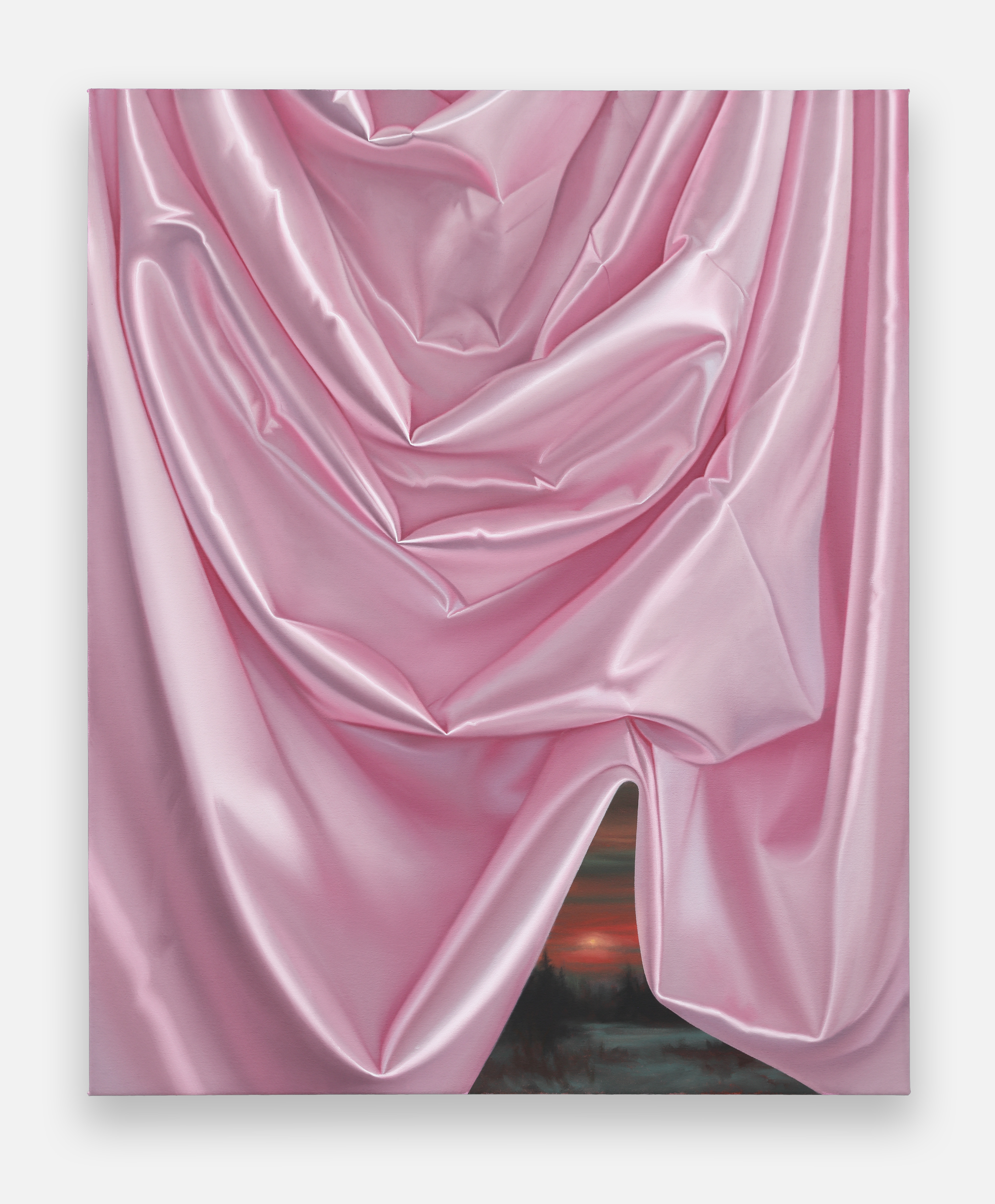 A painting of a pink curtain with a sunset in the background.