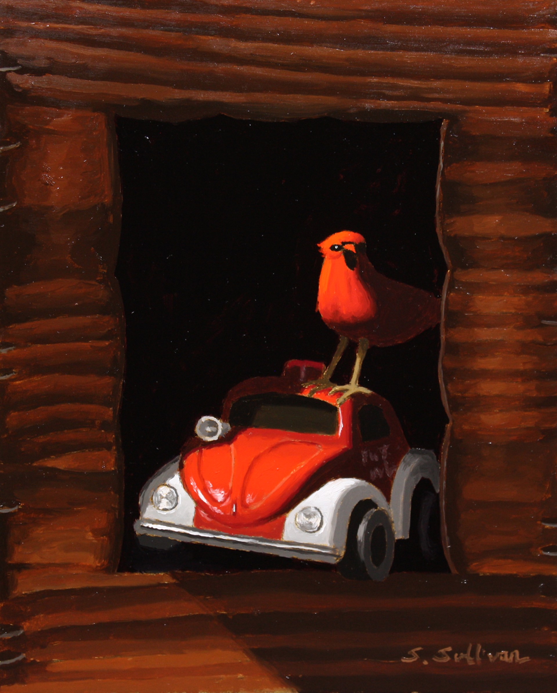 A painting of a red bird sitting on top of a car.