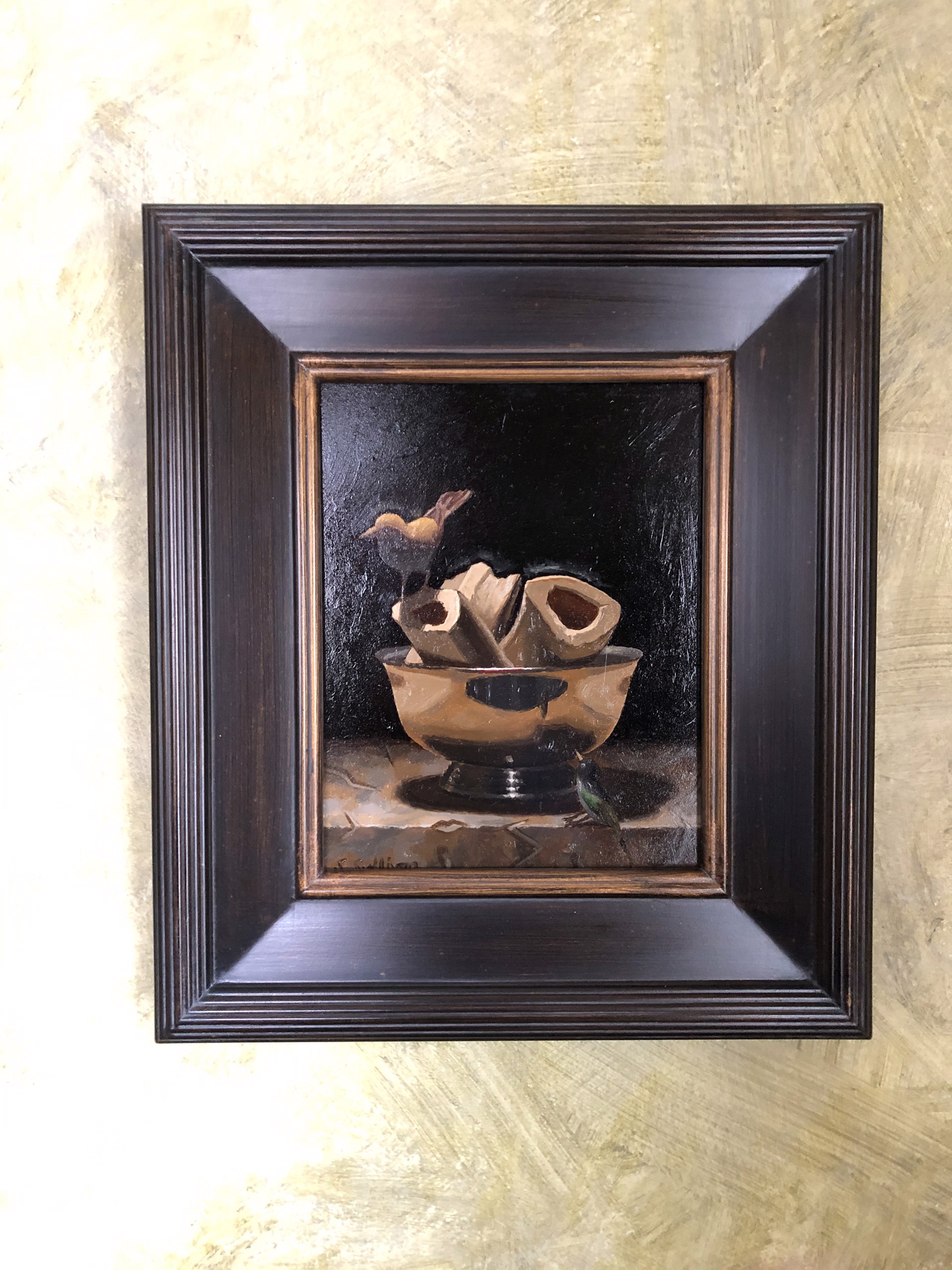 A painting of a bird sitting on top of a bowl.