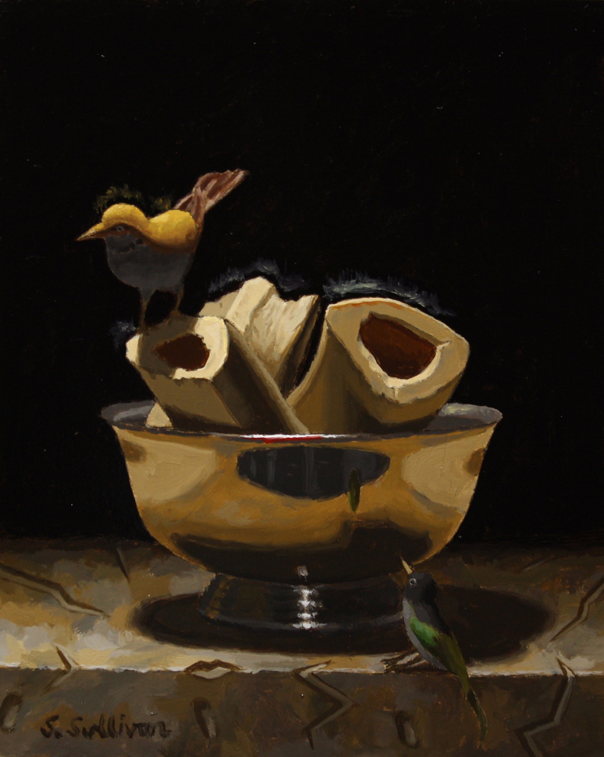 A painting of a bird sitting on top of a bowl.