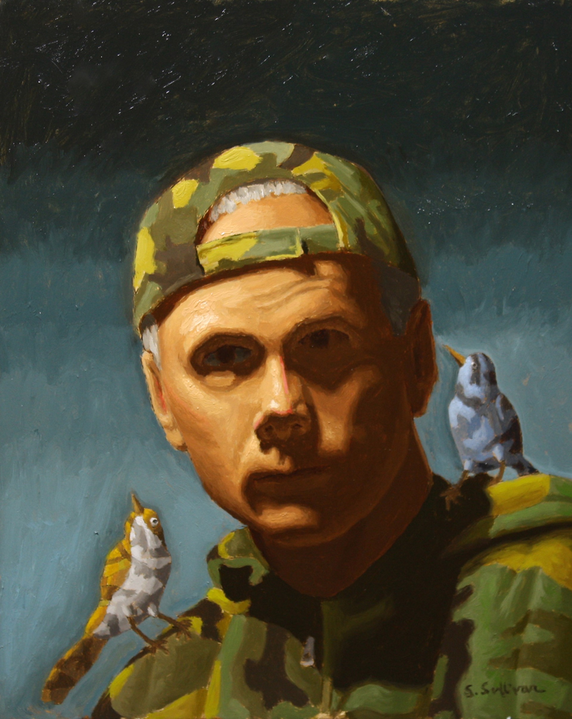 A painting of a man in a military uniform with two birds on his shoulder.