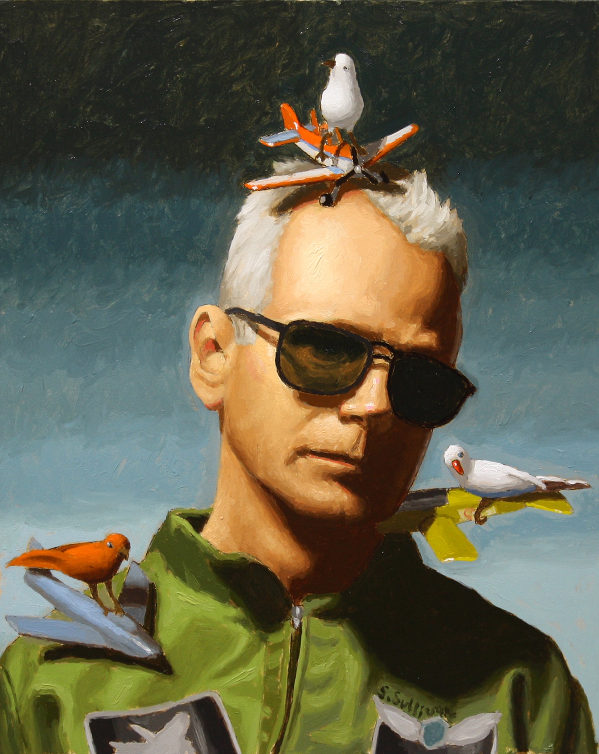 A painting of a man with birds on his head.