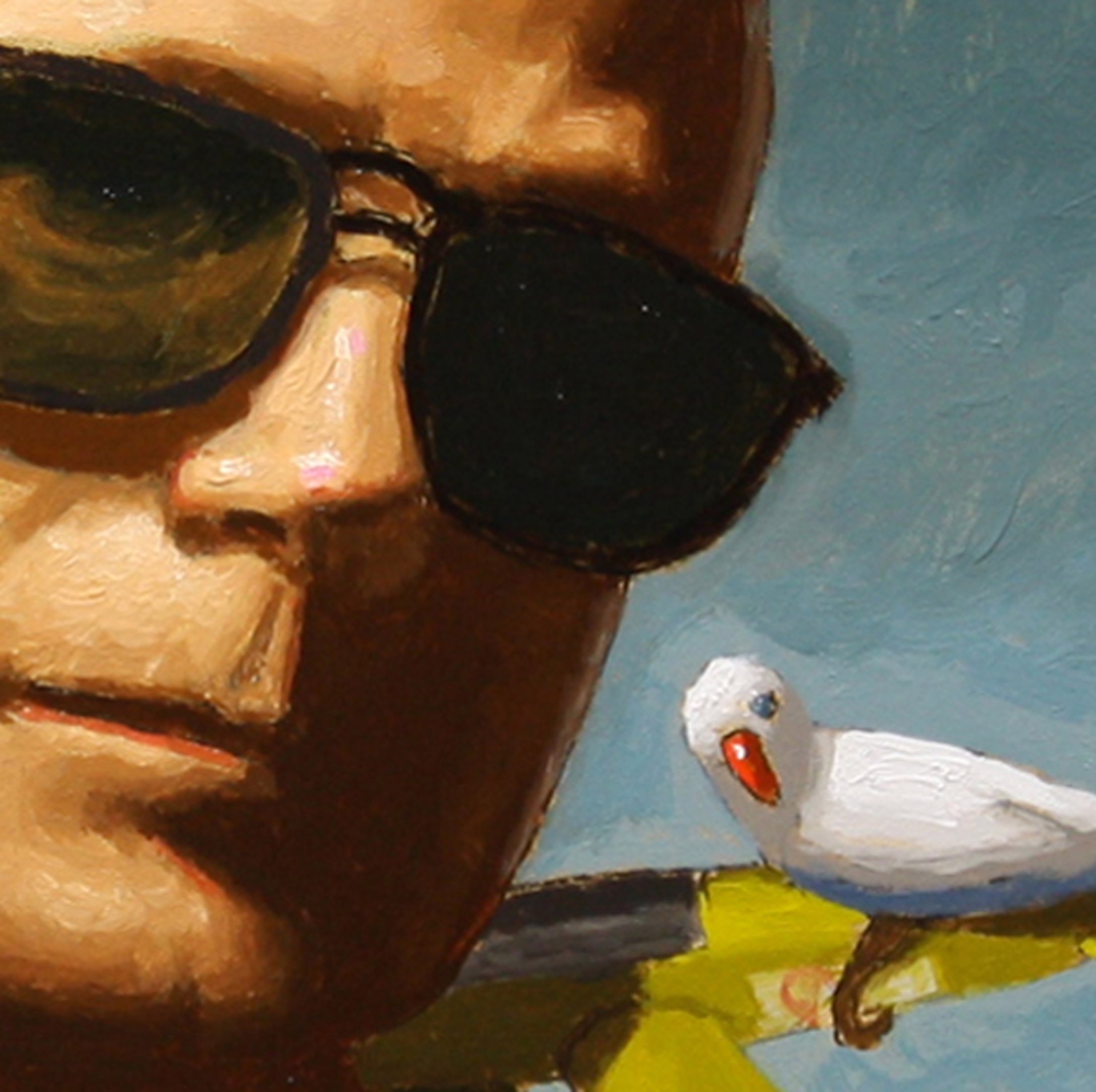 A painting of a man with birds on his head.