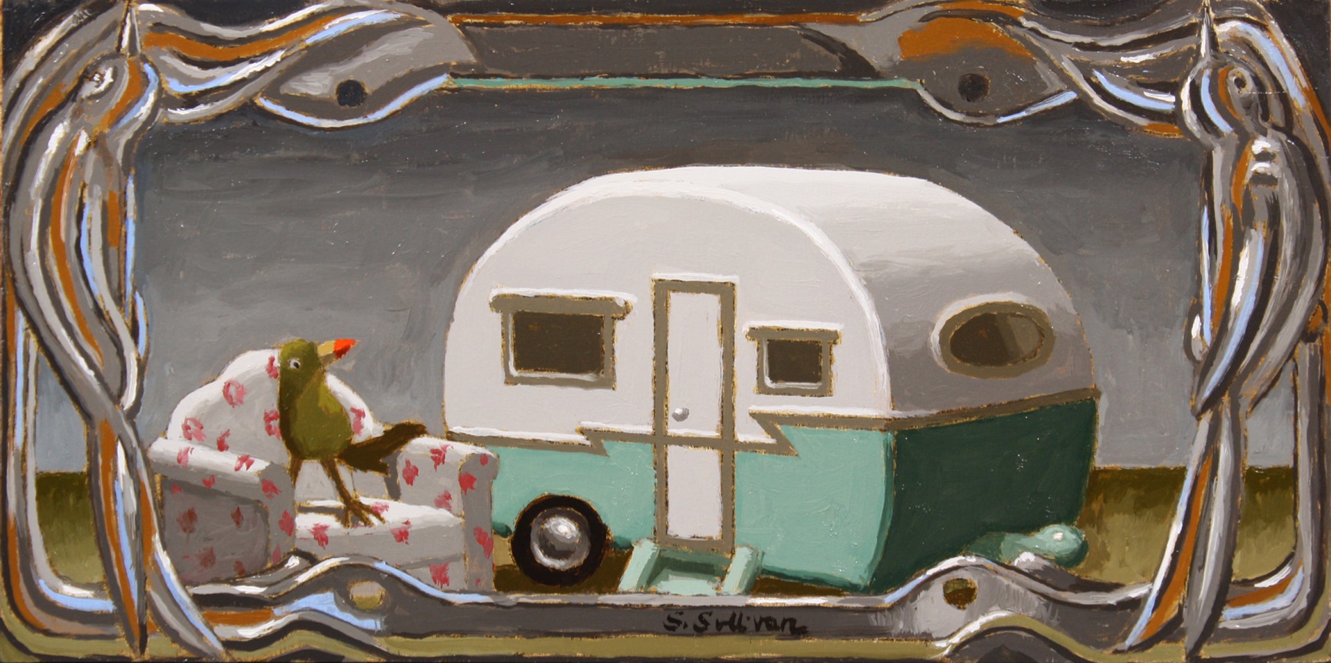 A painting of a camper with a bird sitting on a chair.
