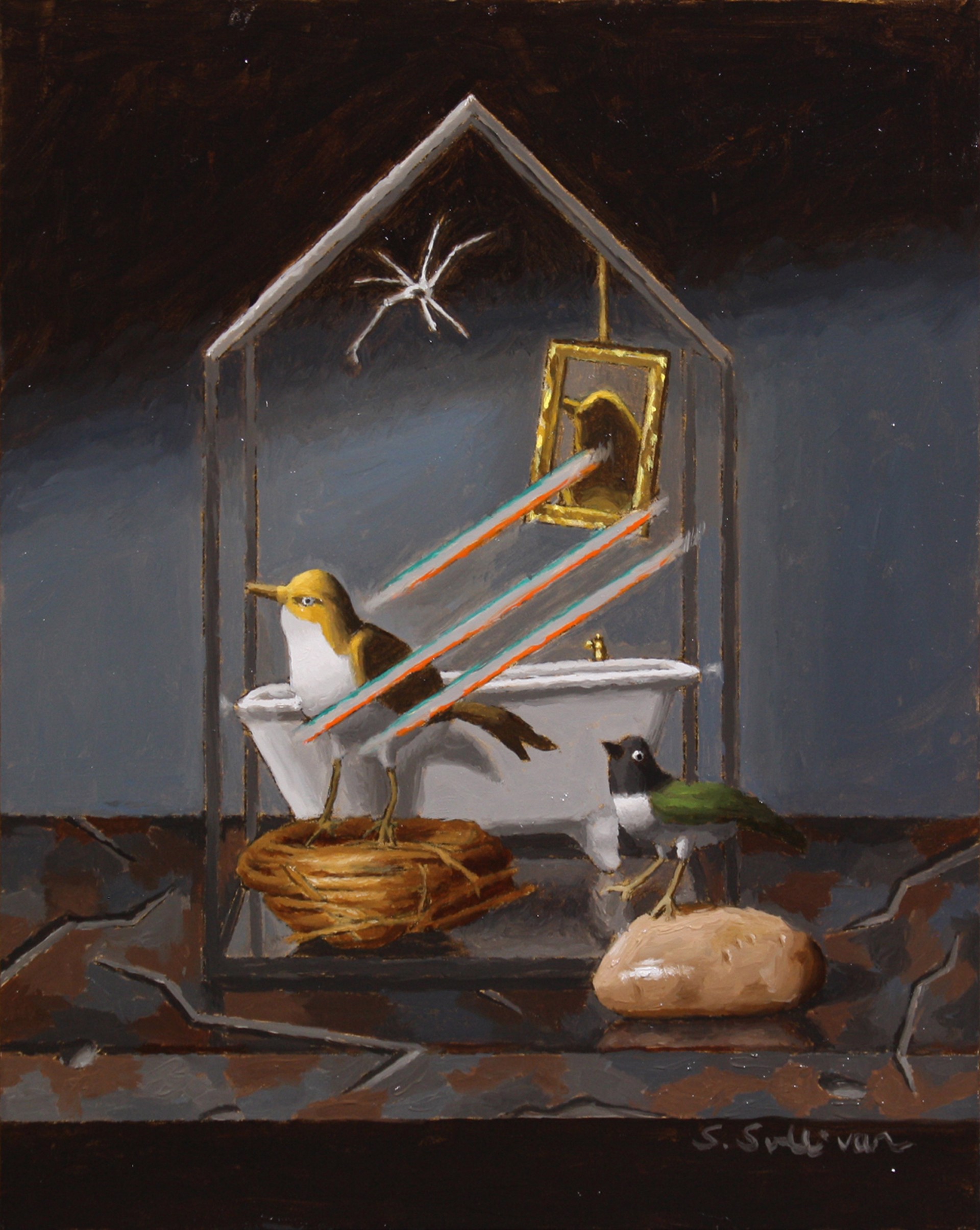 A painting of two birds in a cage with a bird in it.