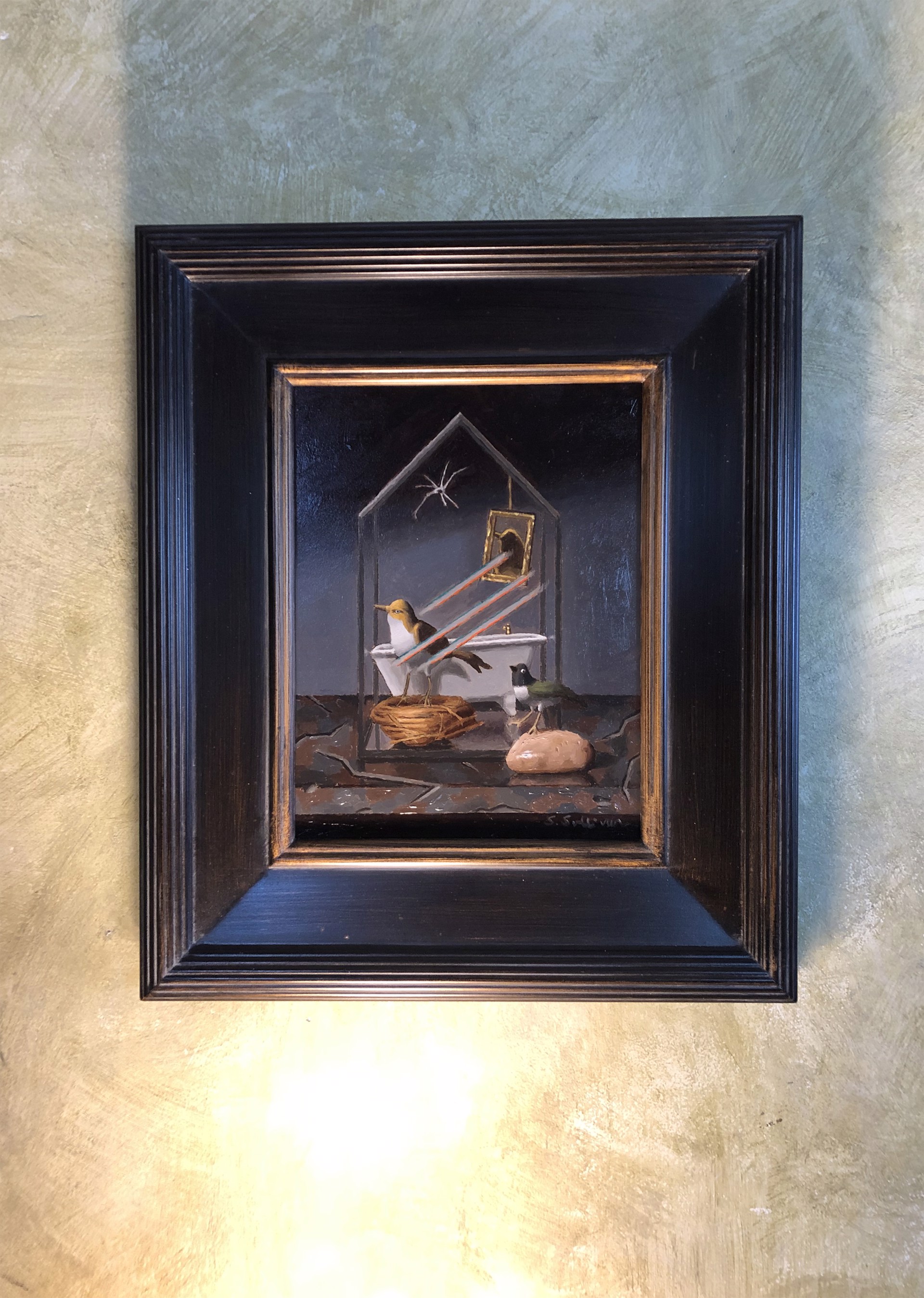 A painting of two birds in a cage with a bird in it.