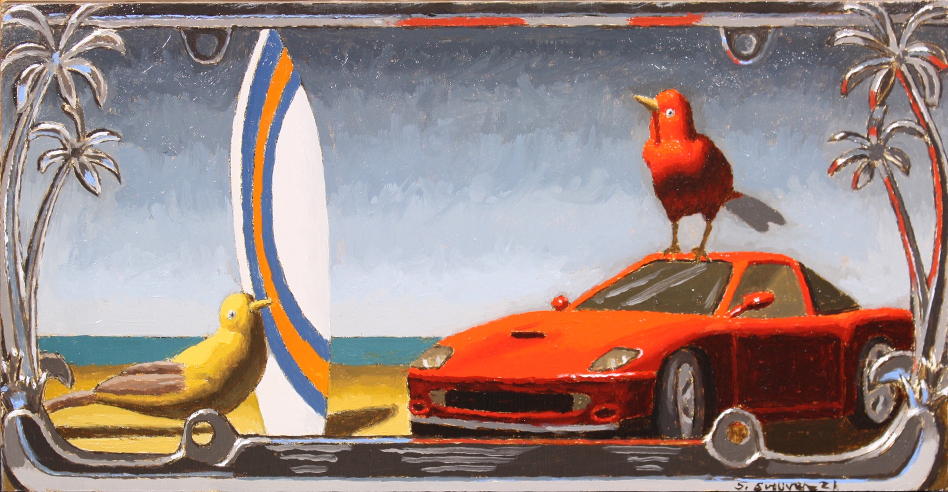 A painting of a red car with a bird on top of it.