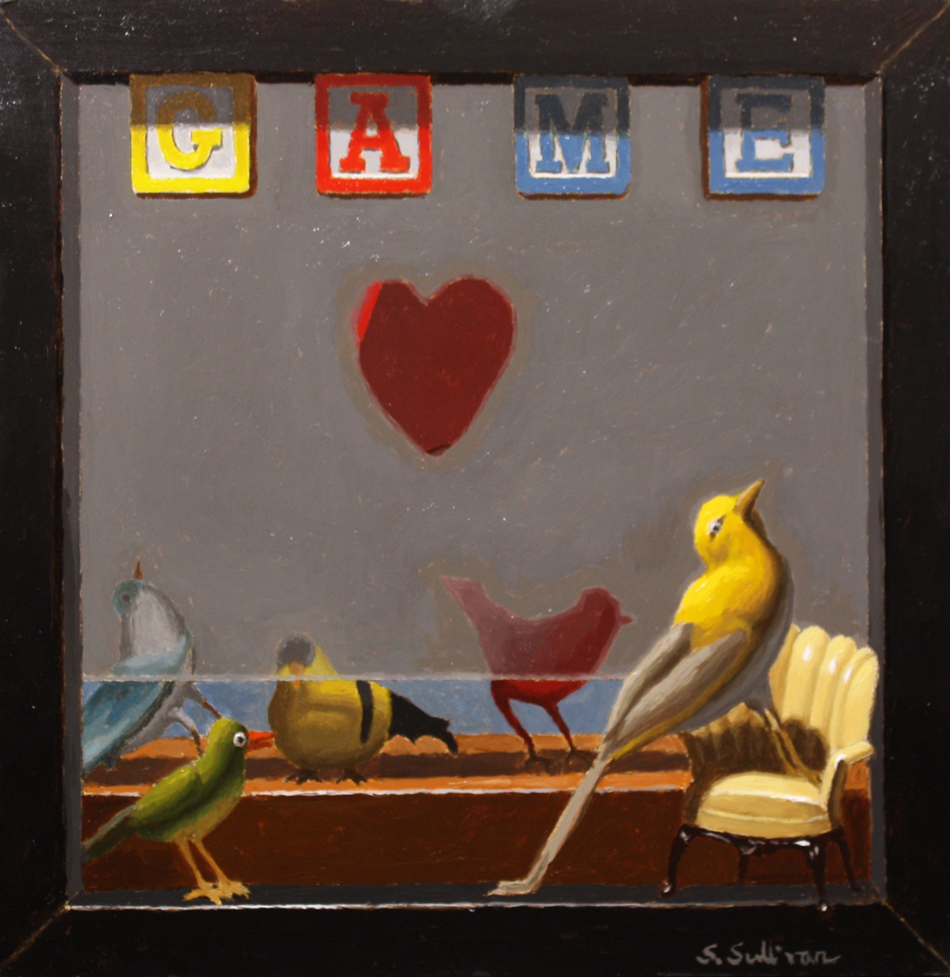 A painting of birds sitting on a window sill.