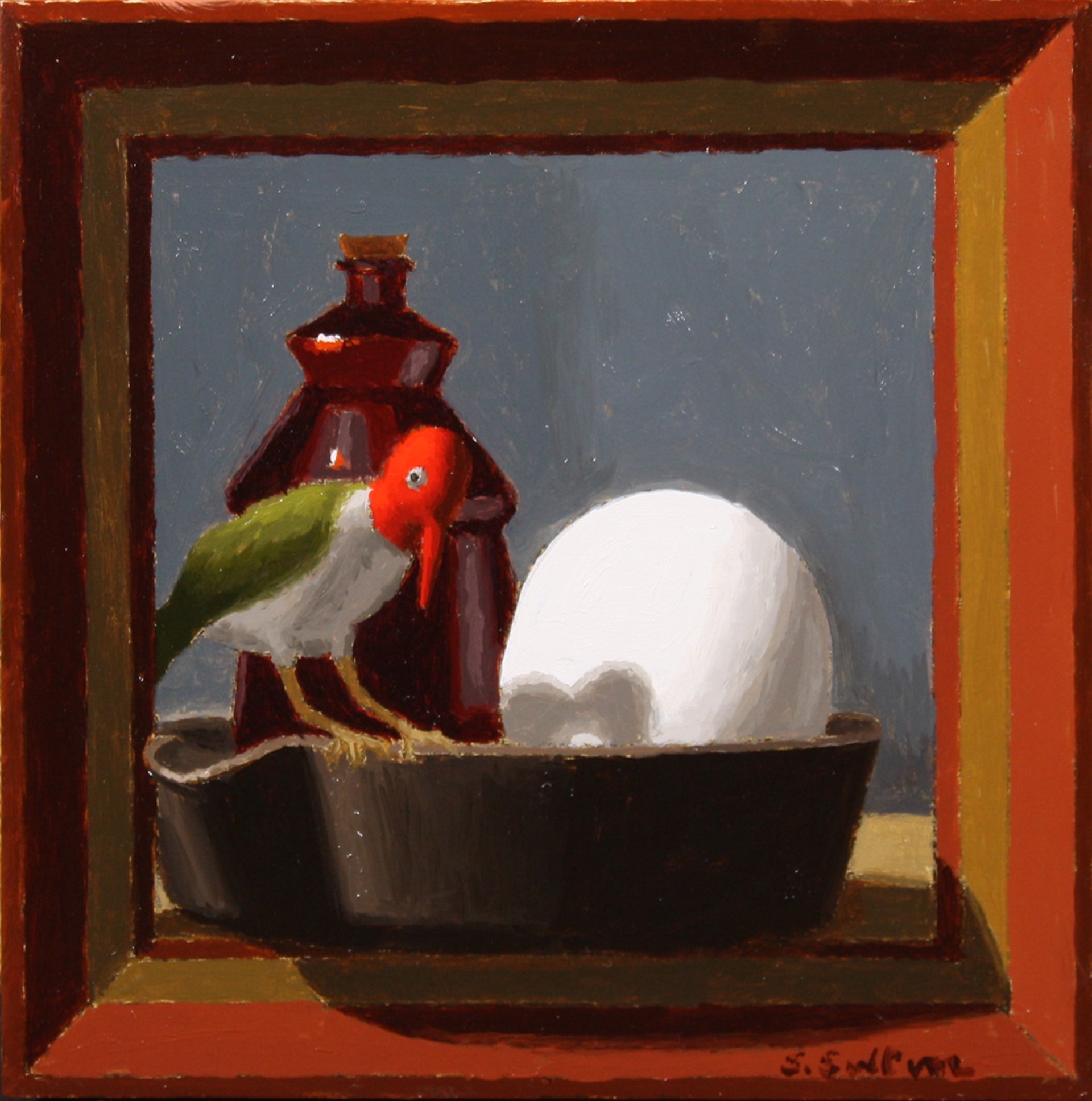 A painting of a bird sitting on top of an egg in a bowl.