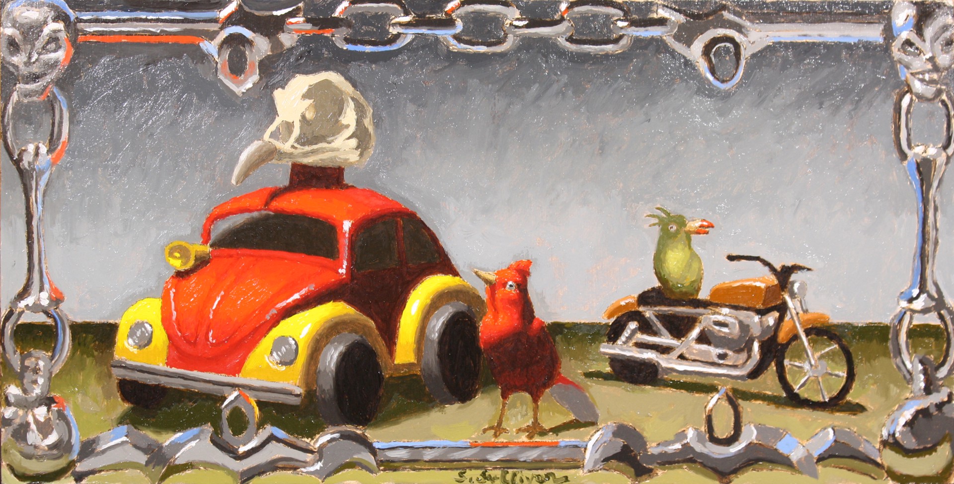 A painting of a red car with a bird on top of it.