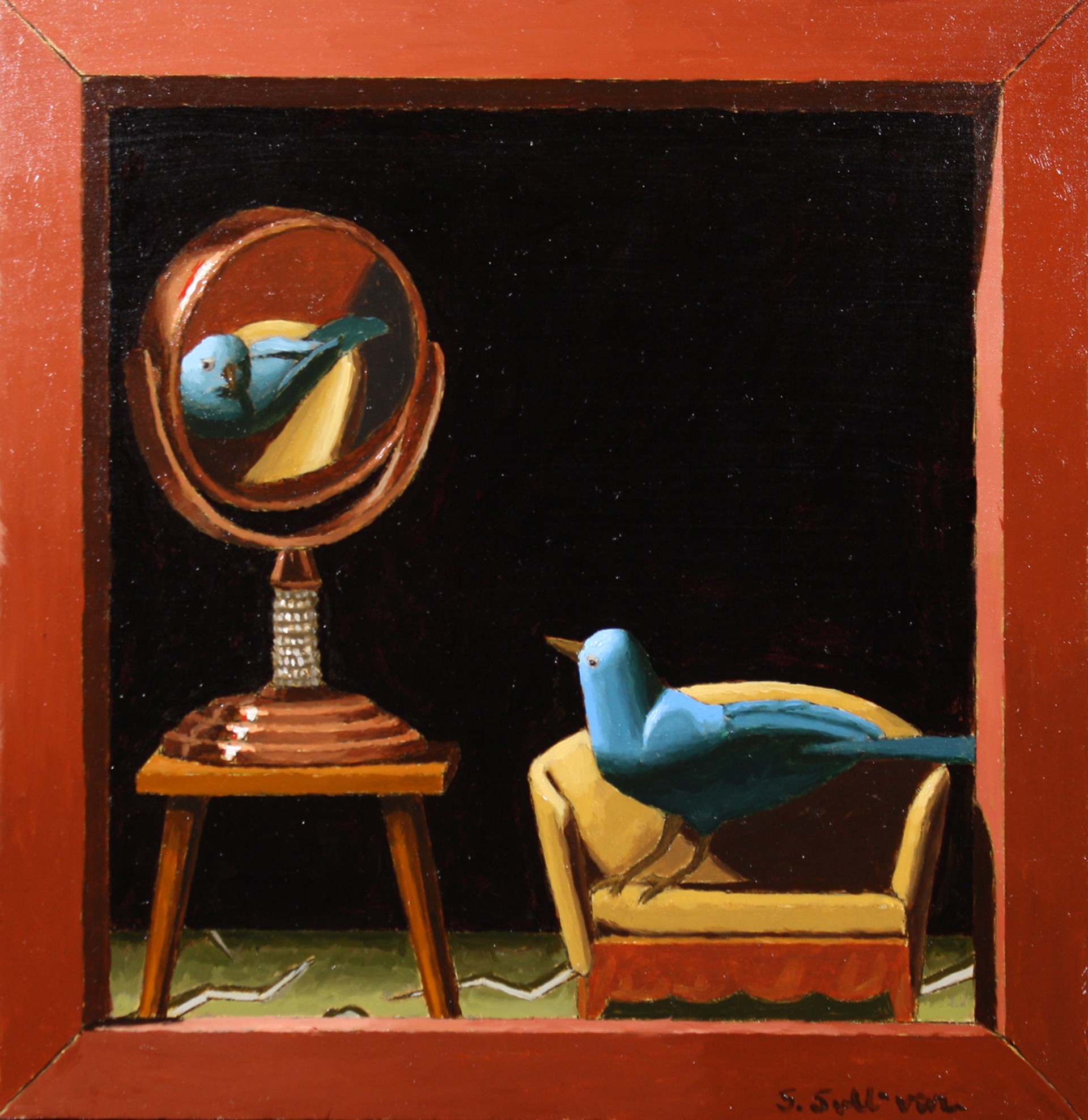 A painting of a blue bird sitting on a chair next to a mirror.