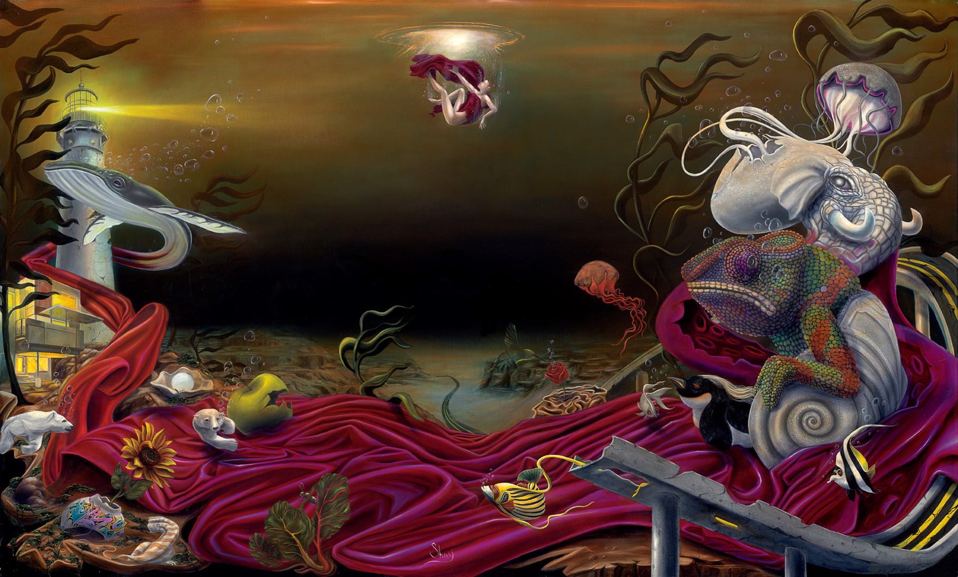A painting of a woman laying on a bed surrounded by animals.