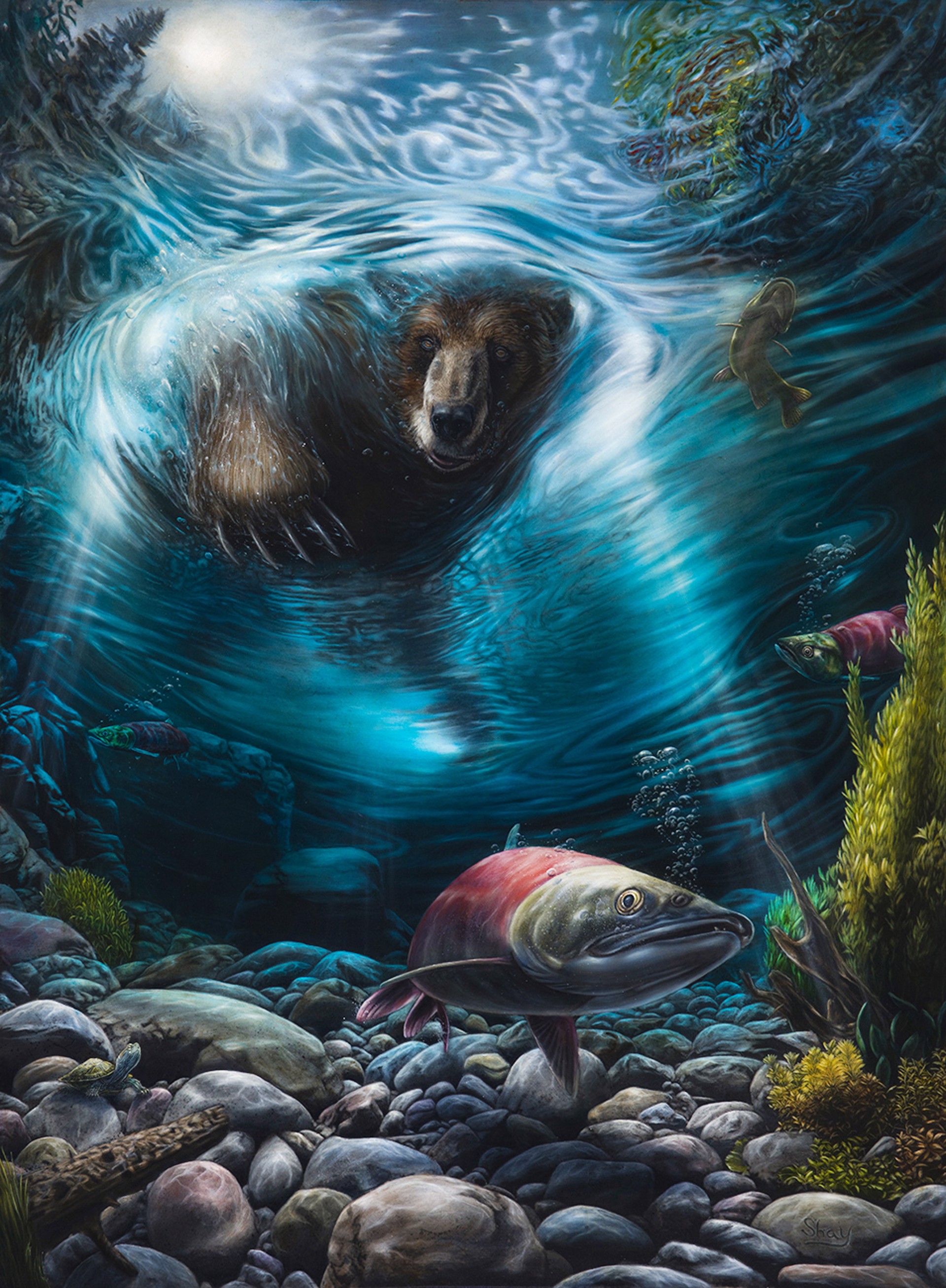 A surreal underwater scene where a bear swims above a salmon.