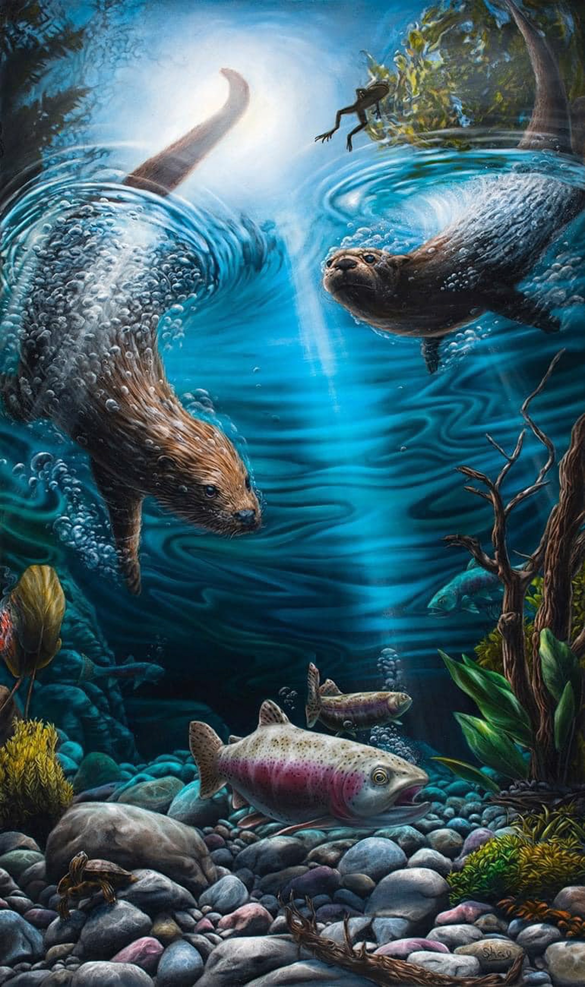 A surreal underwater scene featuring otters swimming near a rocky riverbed with a fish and a diver above.