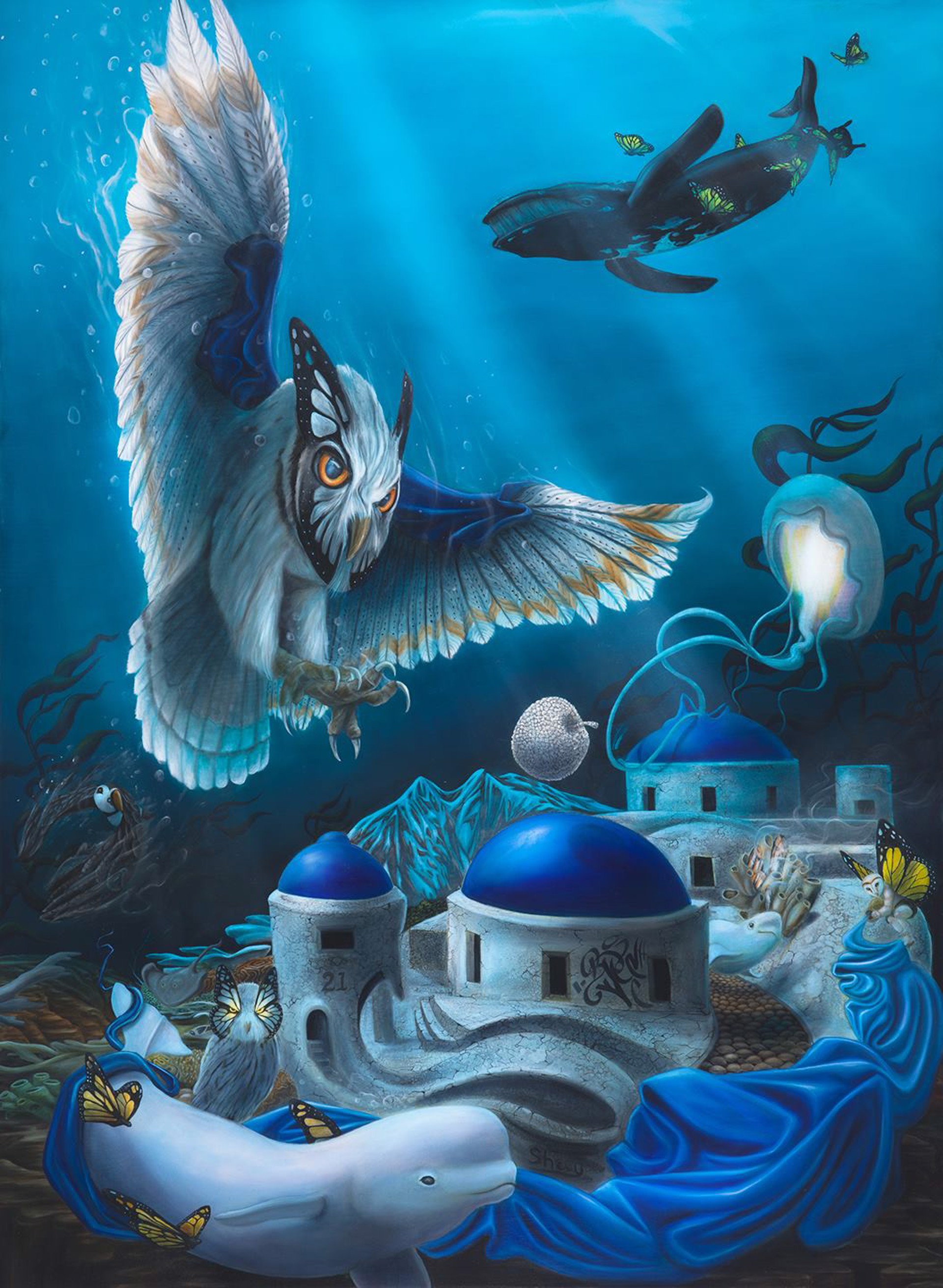 A painting of an owl flying over a small island in the ocean.