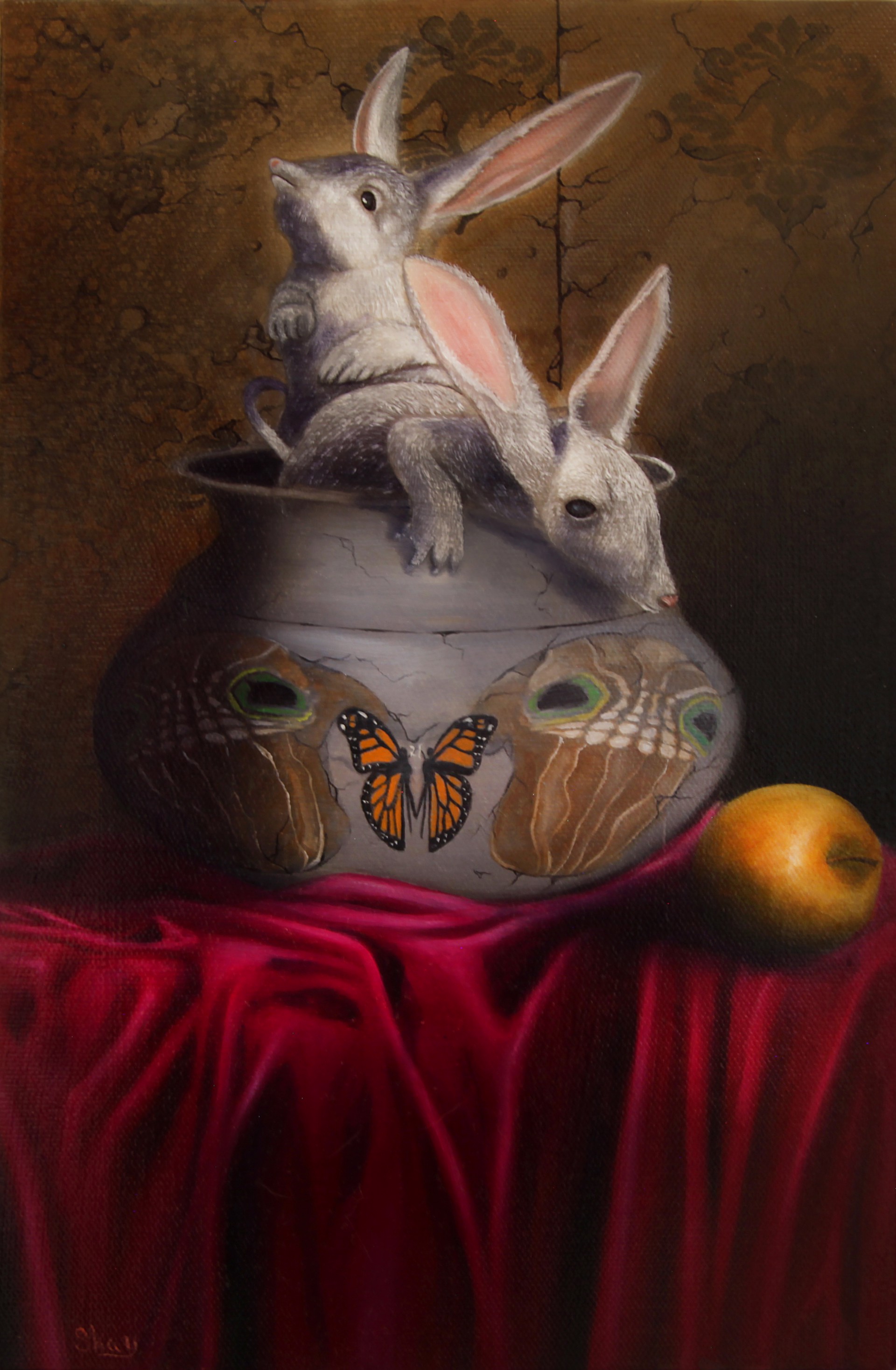A painting of two rabbits sitting on top of a pot.