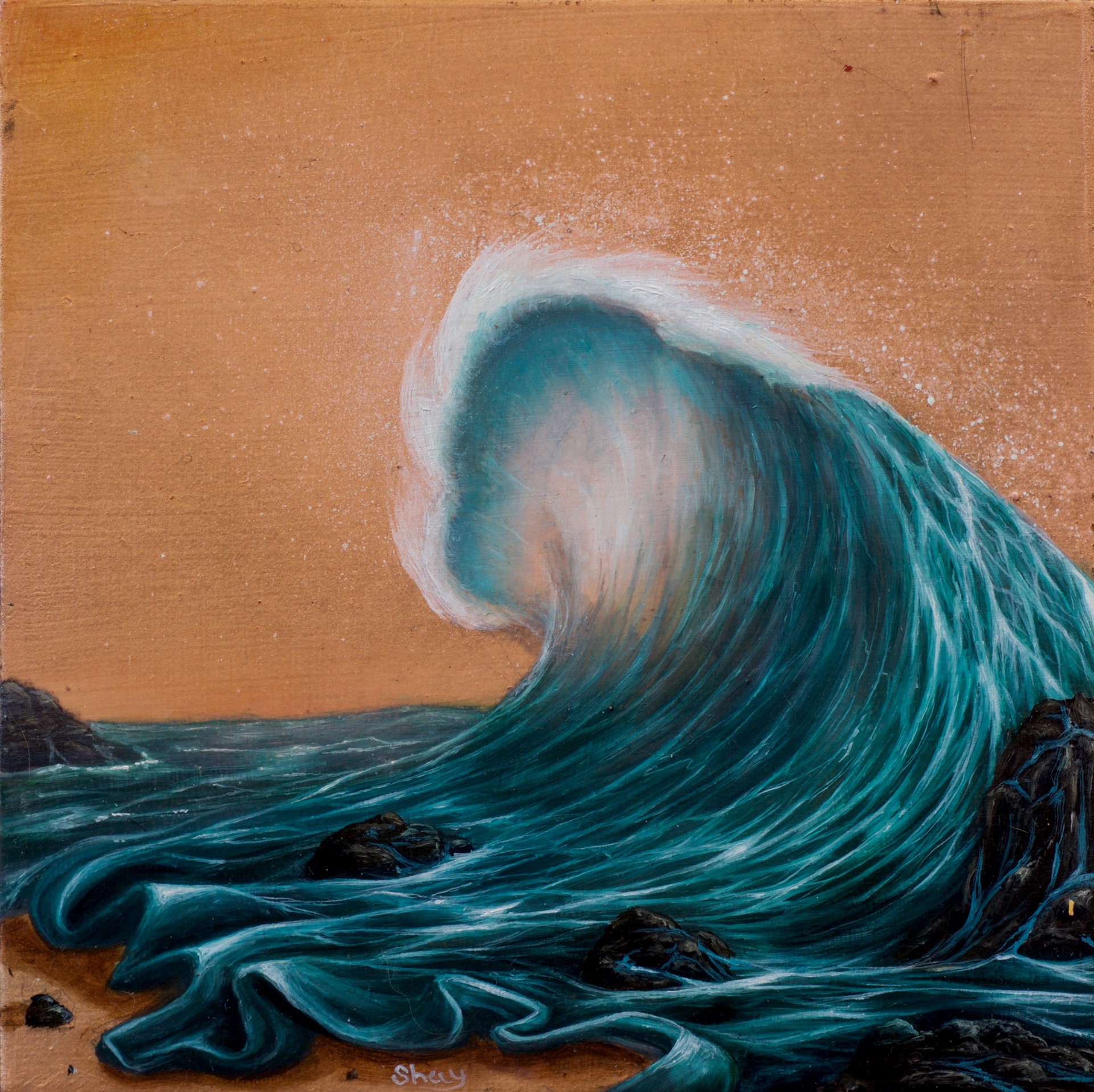 A painting of a large wave in the ocean.