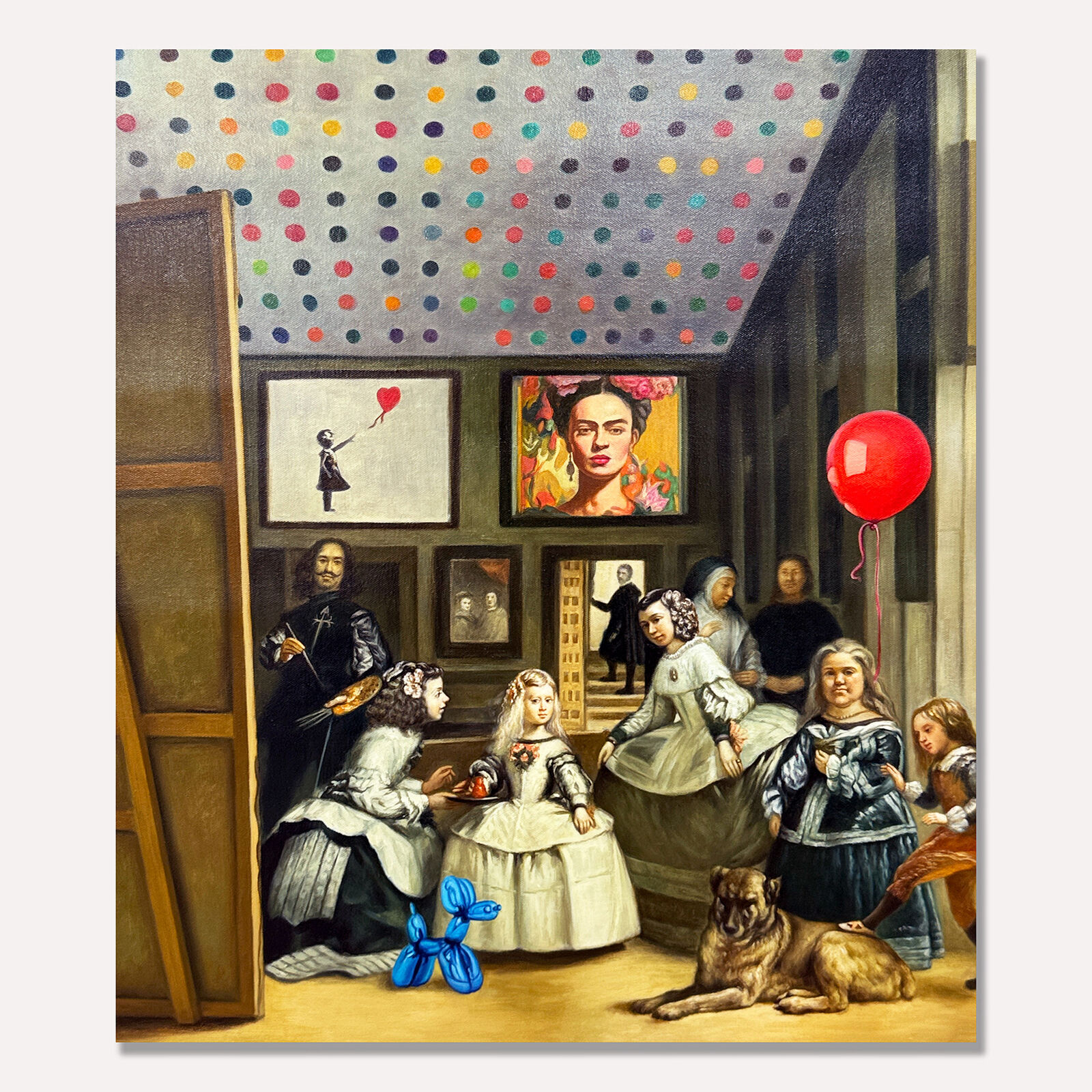 A surreal interior scene blending classical figures with modern pop art elements.