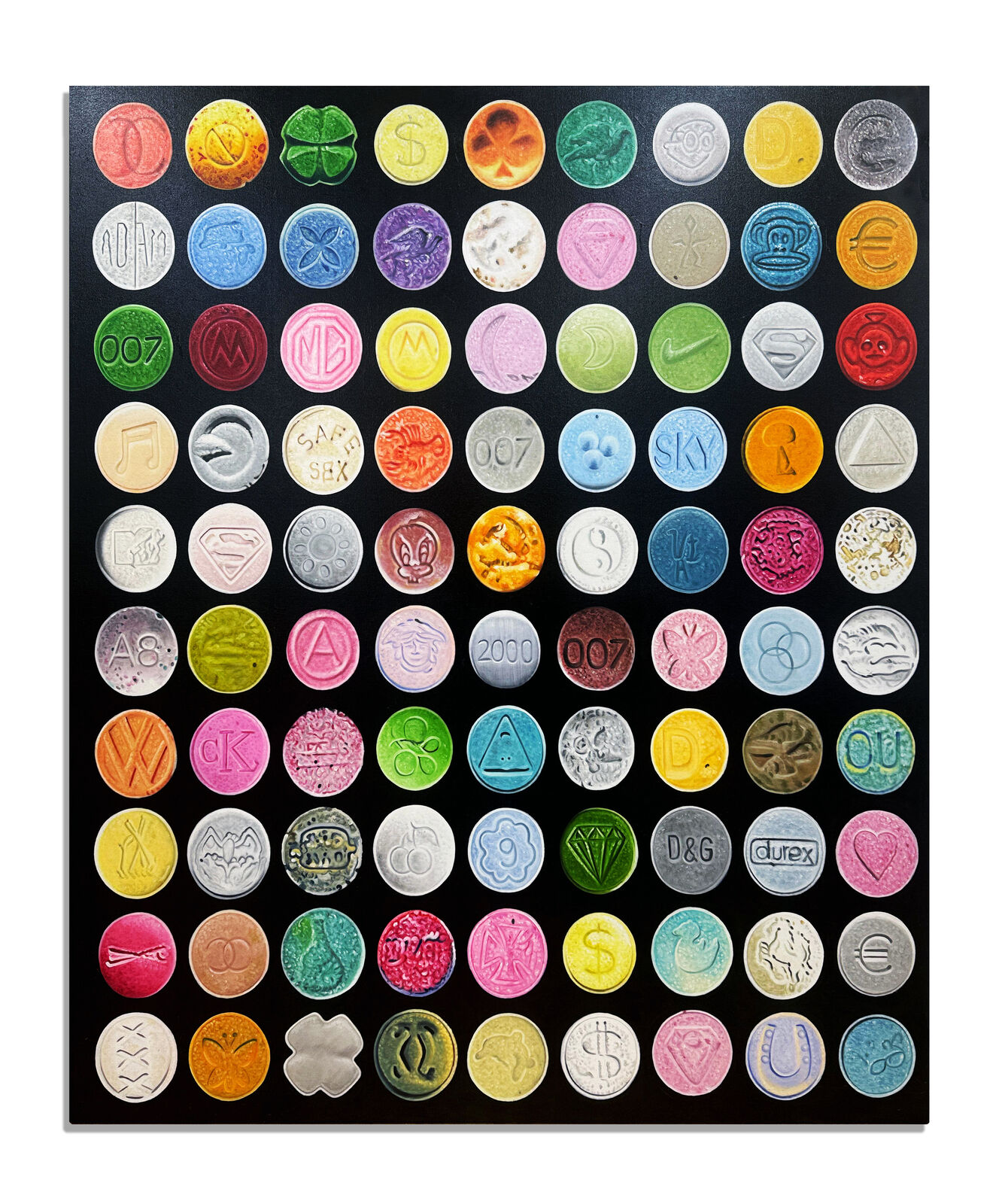A grid of colorful, embossed circular objects arranged on a black background.