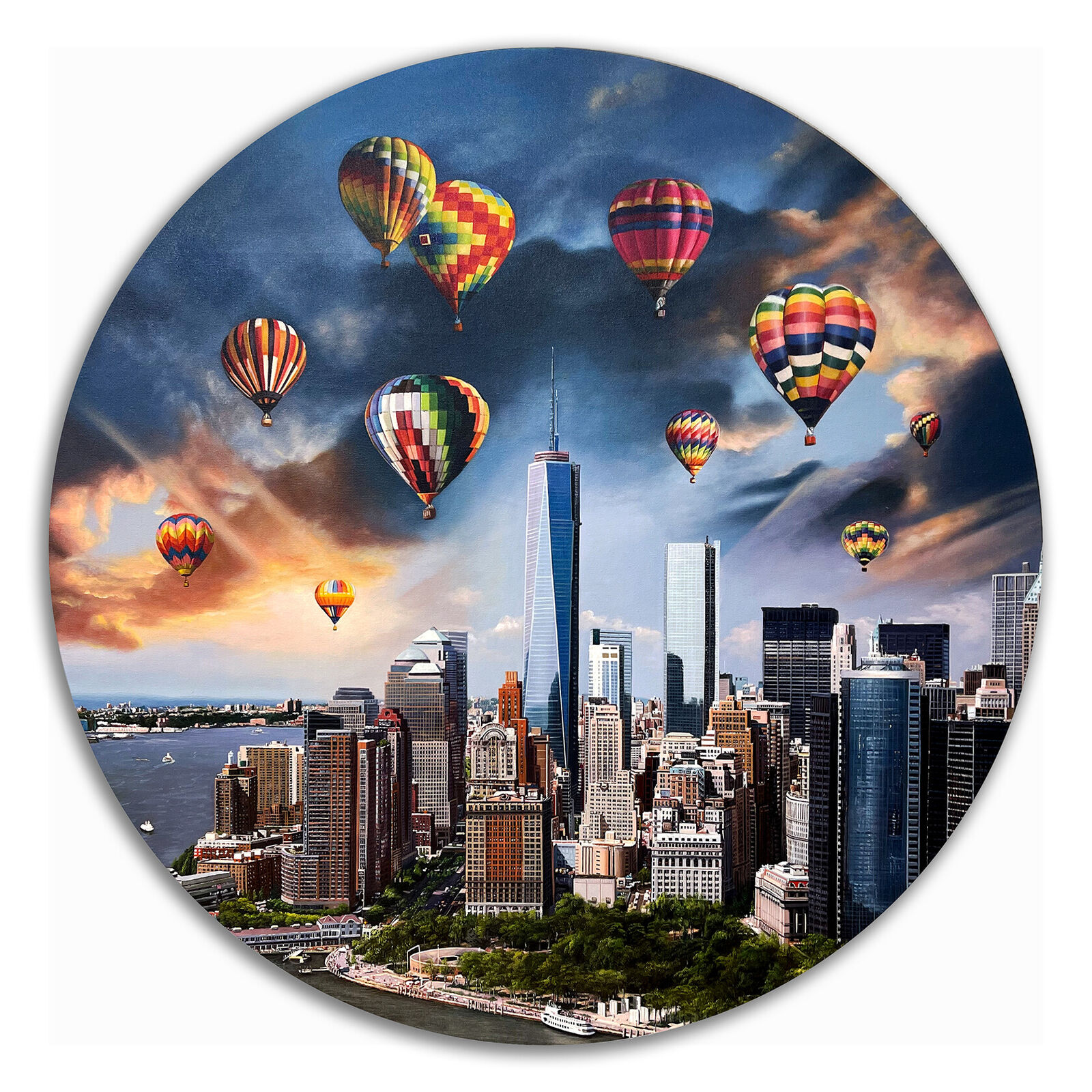 A picture of hot air balloons flying over a city.