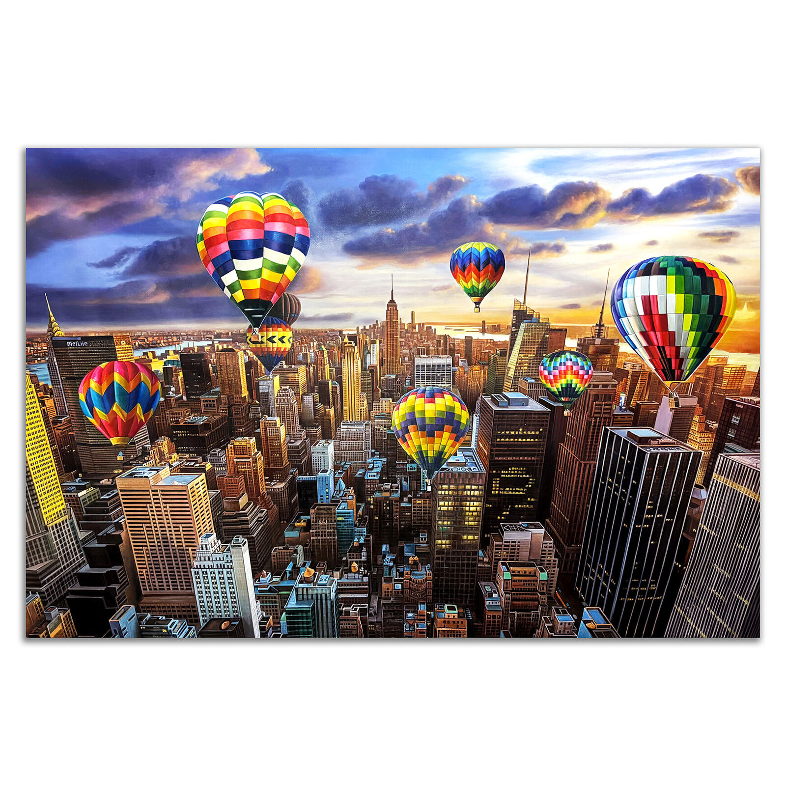 A painting of hot air balloons flying over a city.