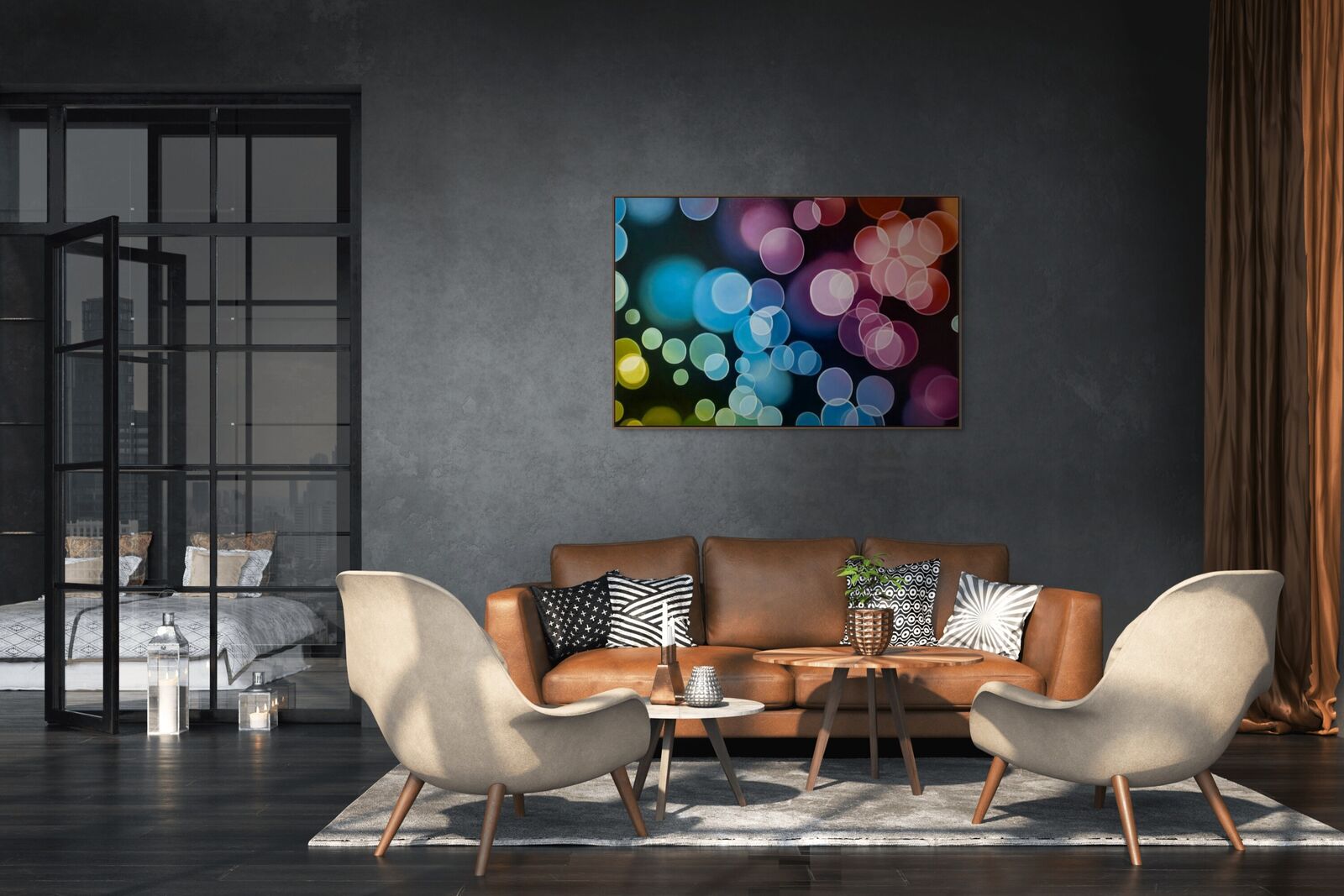 A picture of colorful circles on a black background.