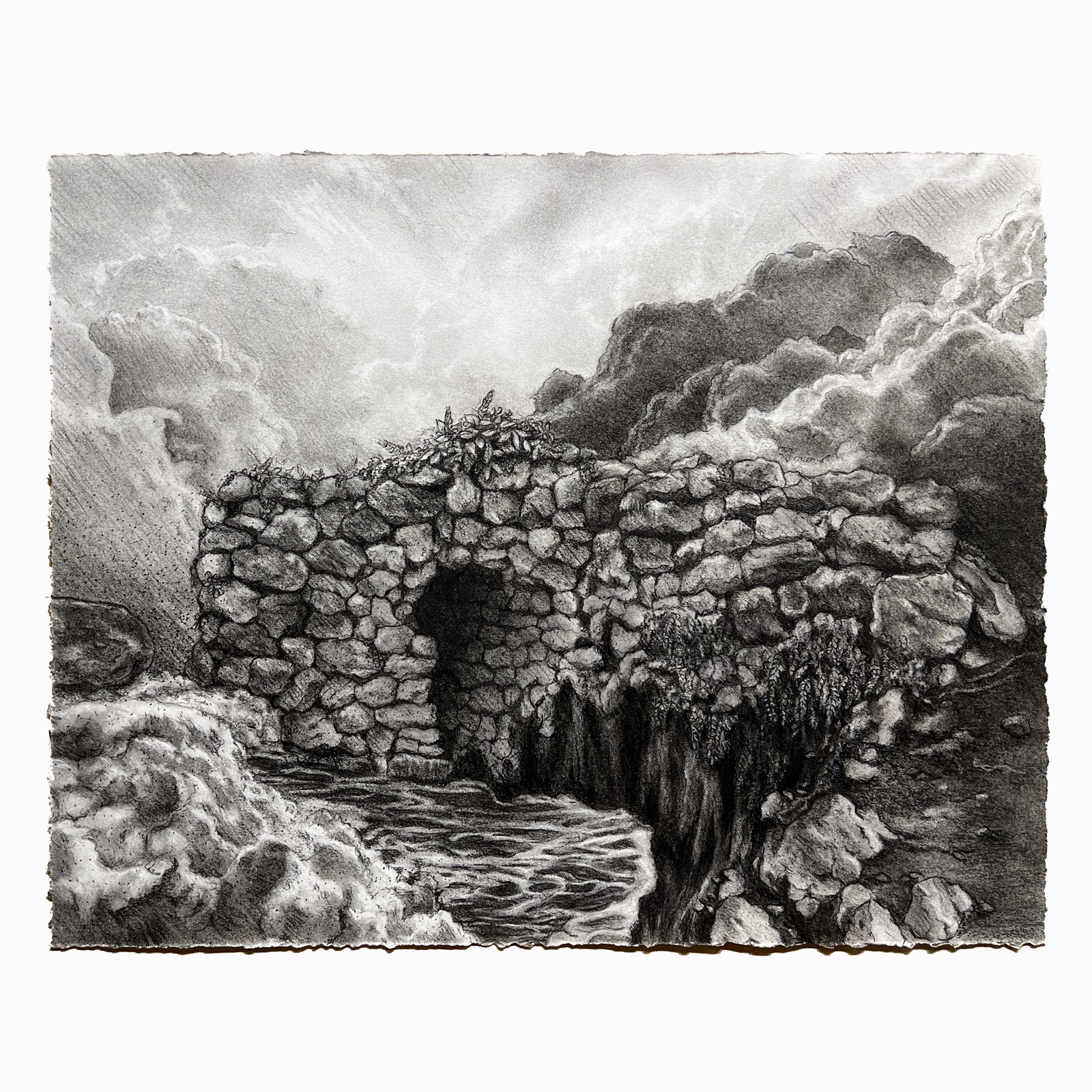 A black and white drawing of a stone bridge over a river.