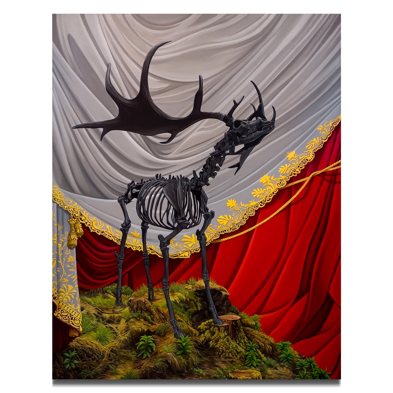 A painting of a skeleton of a deer standing in front of a curtain.
