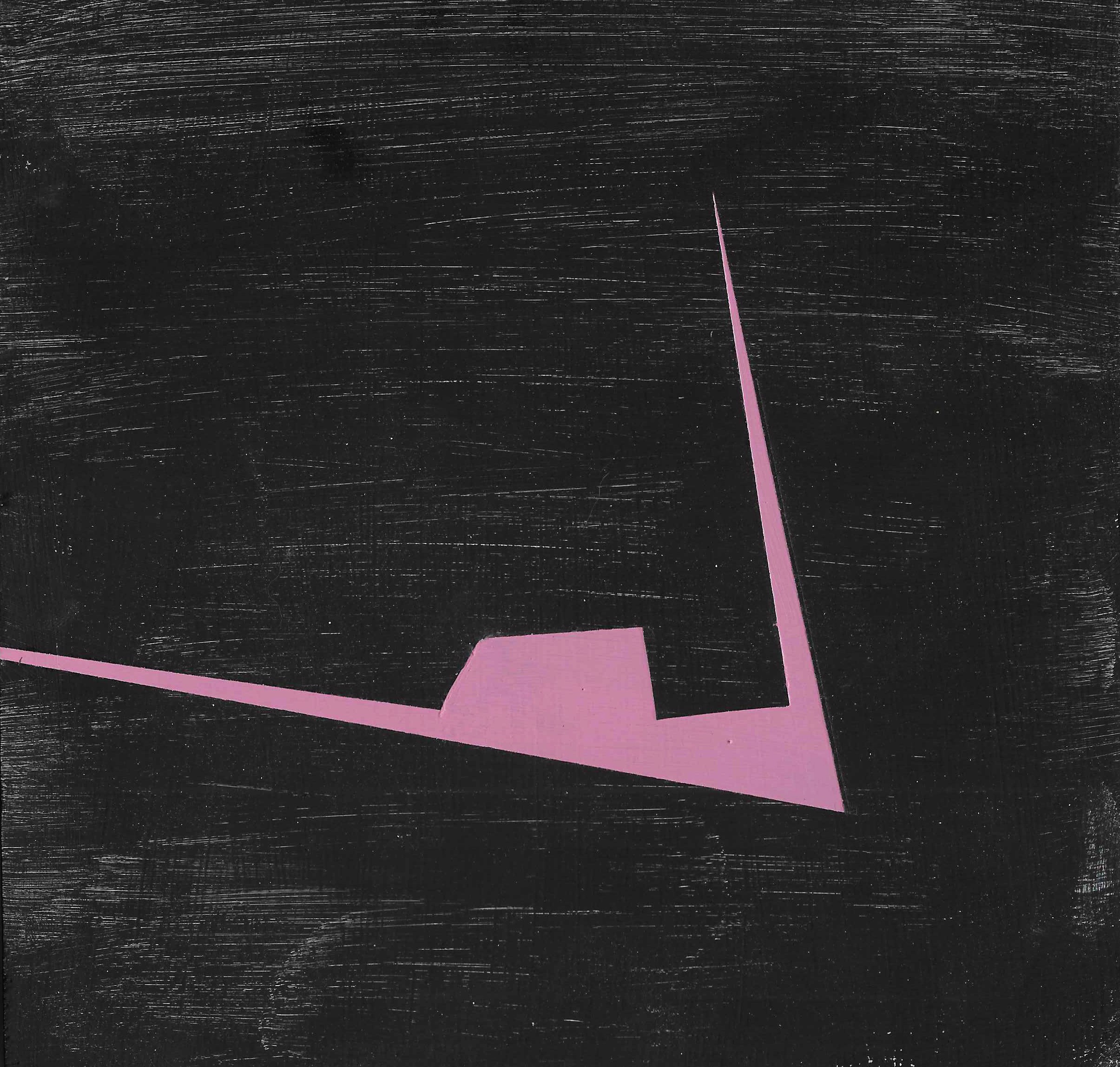 A black and pink painting with a pink triangle on it.