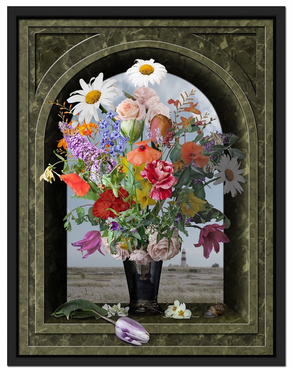 A Still Life of Flowers in a Silver Vase by Shelley Nott, null