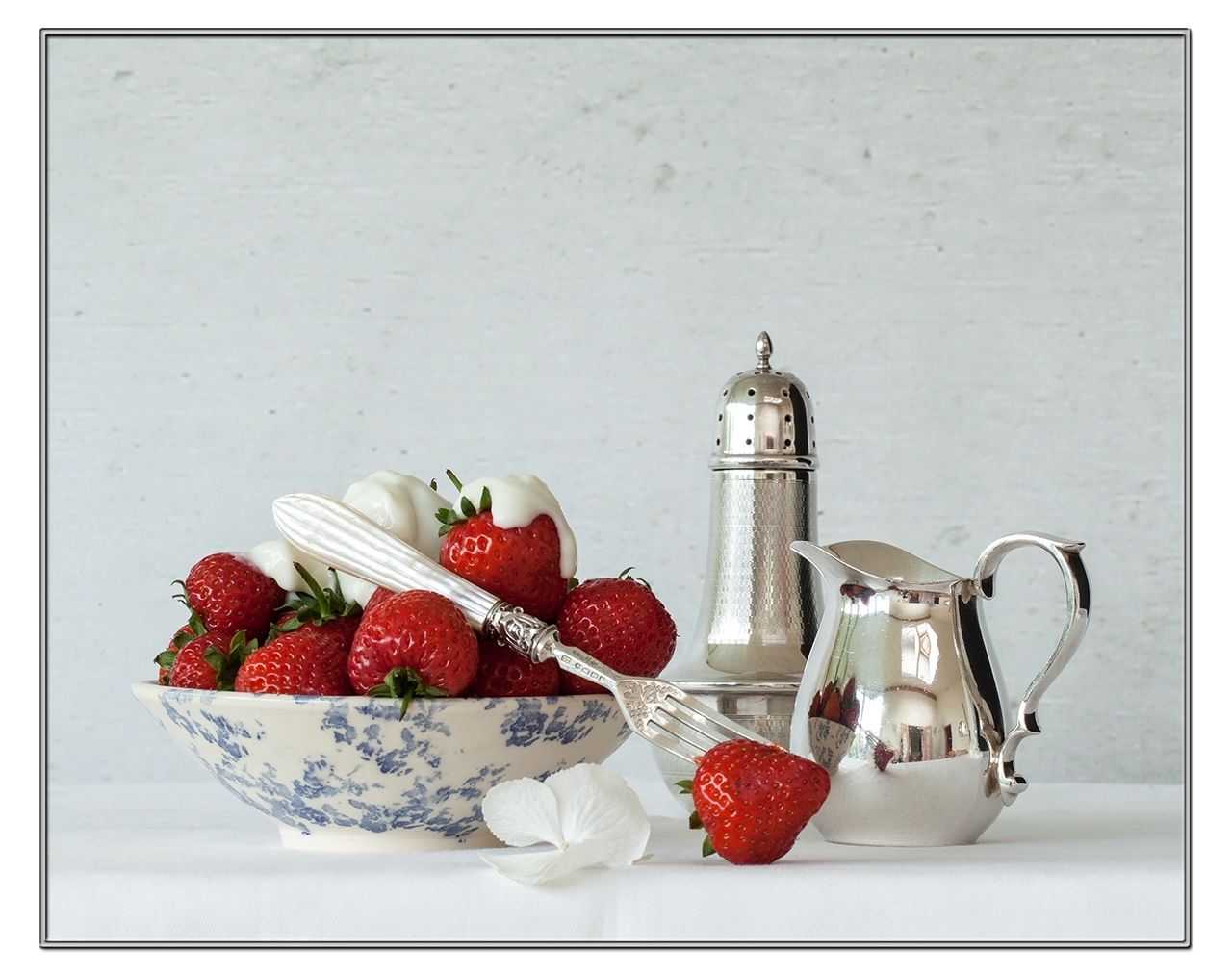Artwork by Shelley Nott, Still Life with Strawberries & Cream, Made of Printed on Aluminium Dibond 