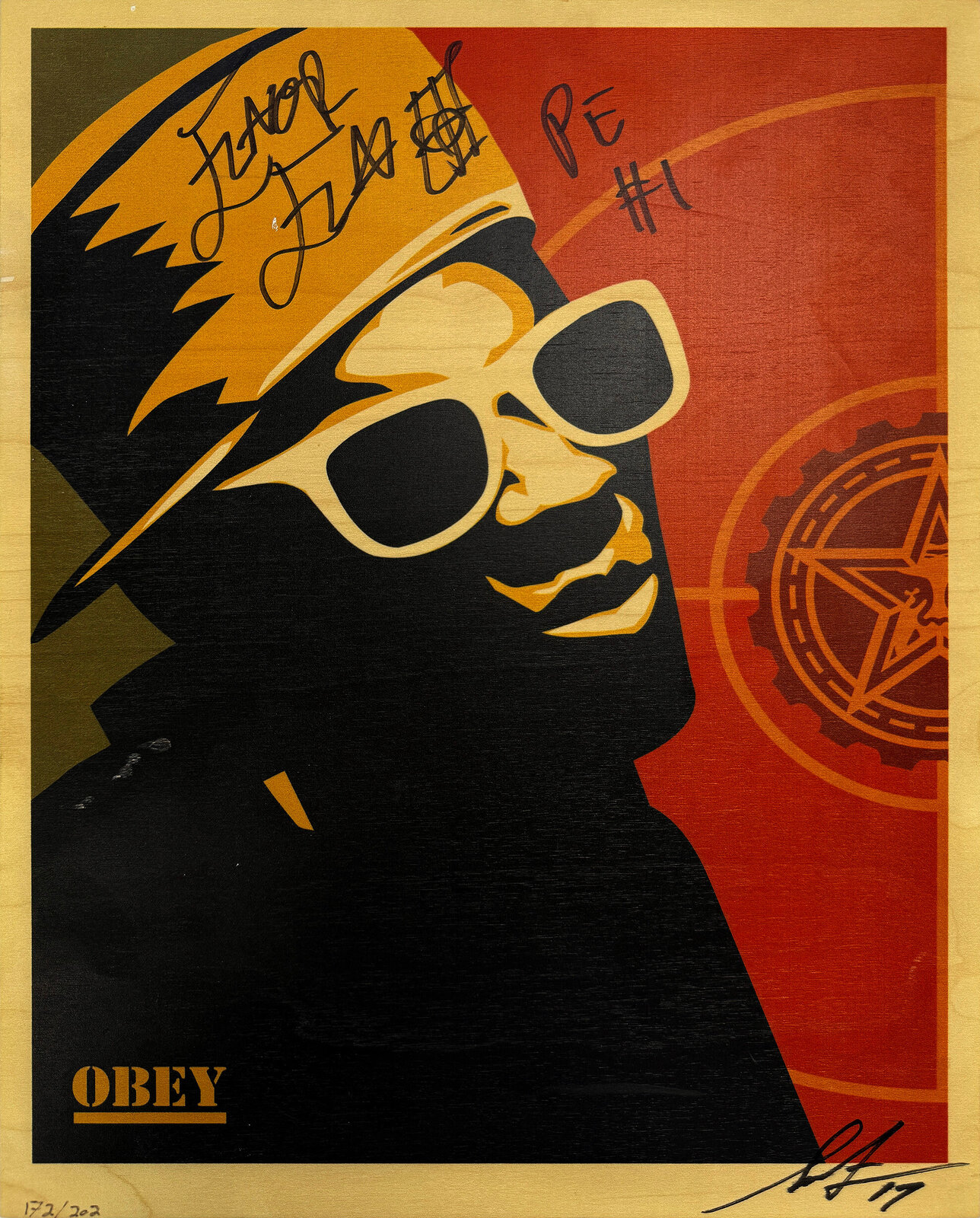 A bold graphic portrait of a figure in profile wearing sunglasses and a hat, set against a split red and black background with a pentagram symbol.