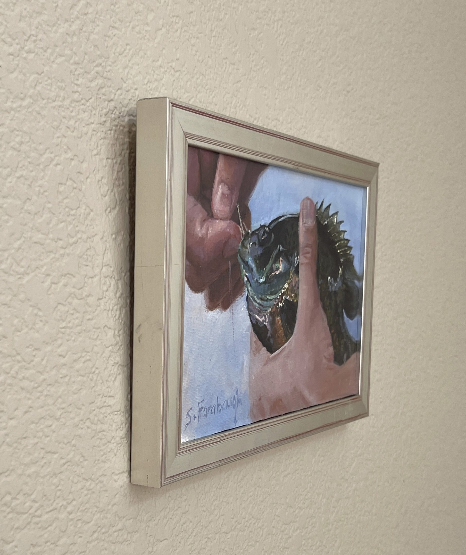 A painting of a person holding a fish in their hand.