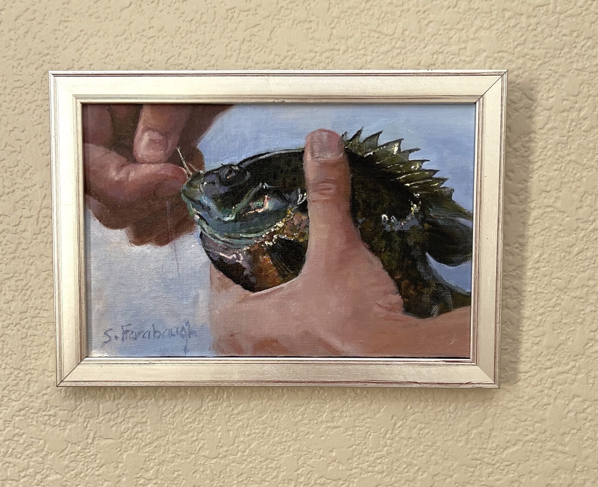 A painting of a person holding a fish in their hand.