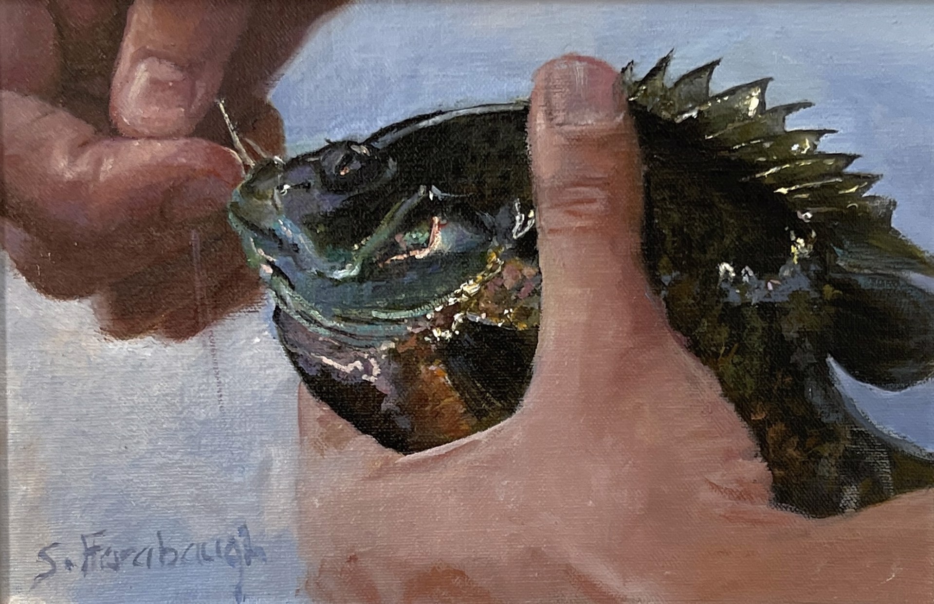 A painting of a person holding a fish in their hand.