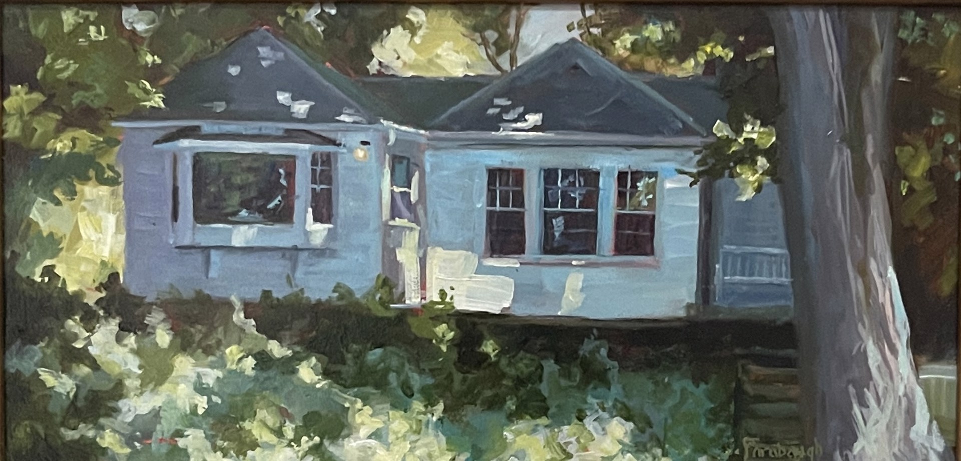 A painting of a blue house in the woods.
