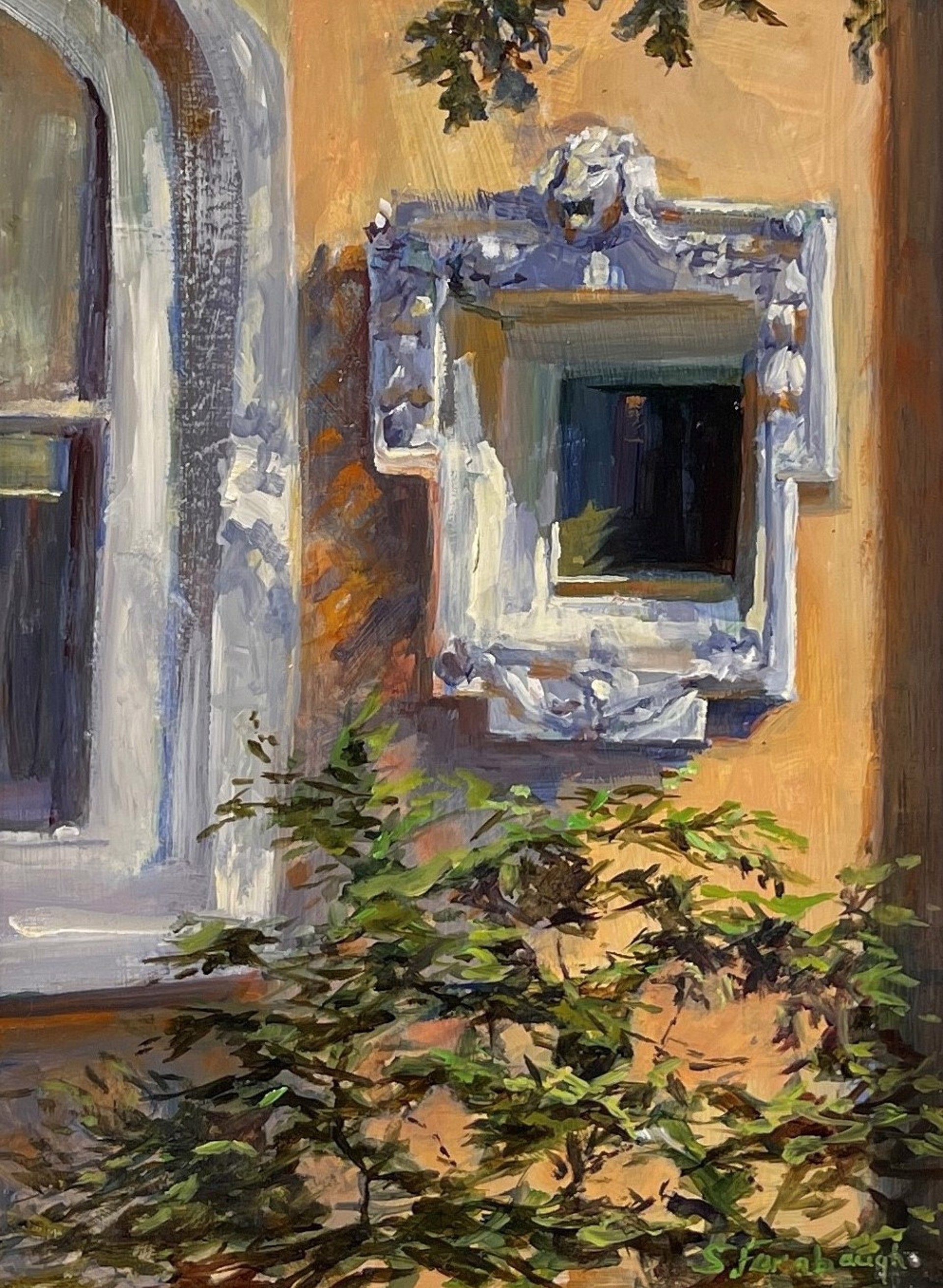 A painting of a window on a building with ivy growing out of it.