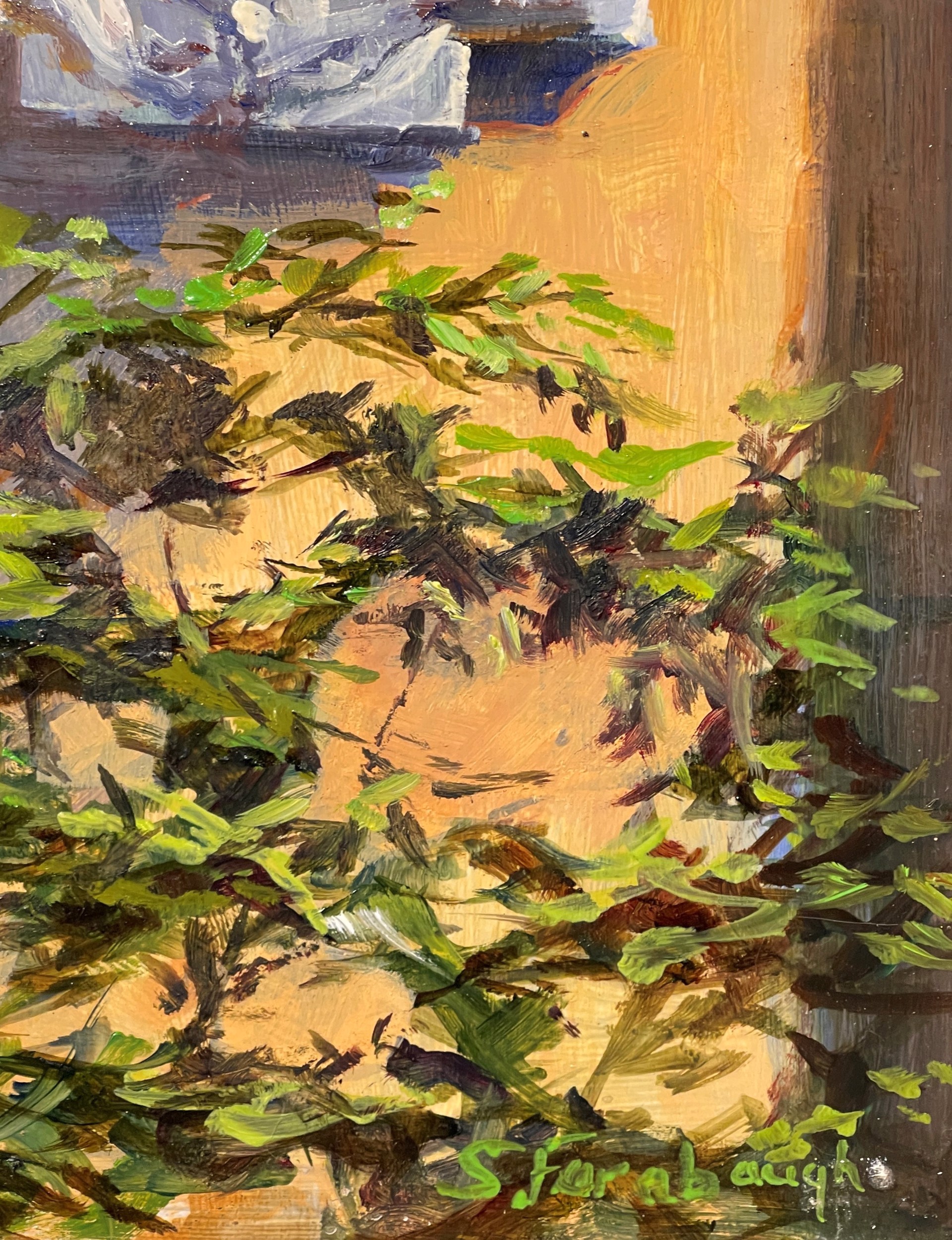 A painting of a window on a building with ivy growing out of it.