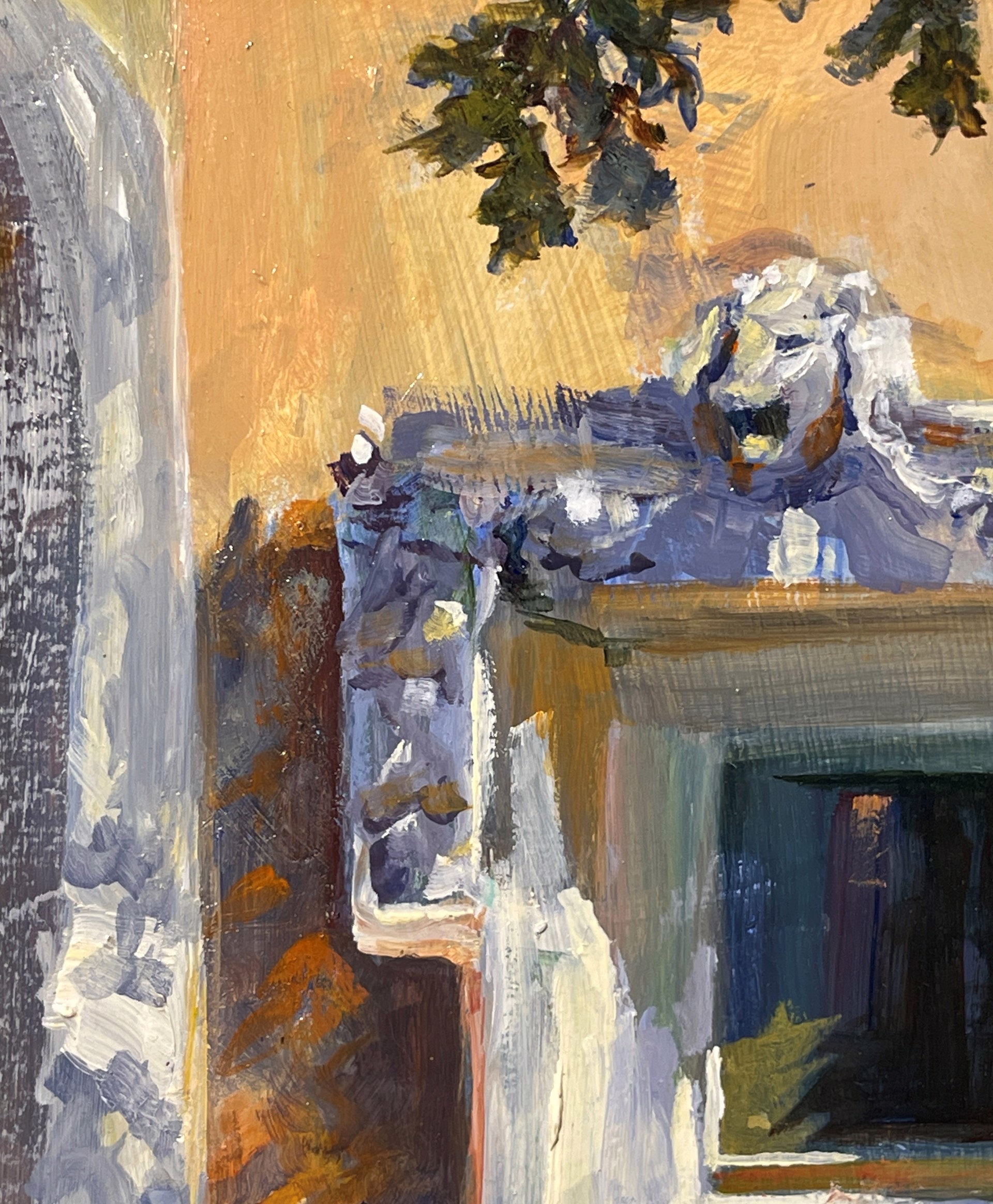 A painting of a window on a building with ivy growing out of it.